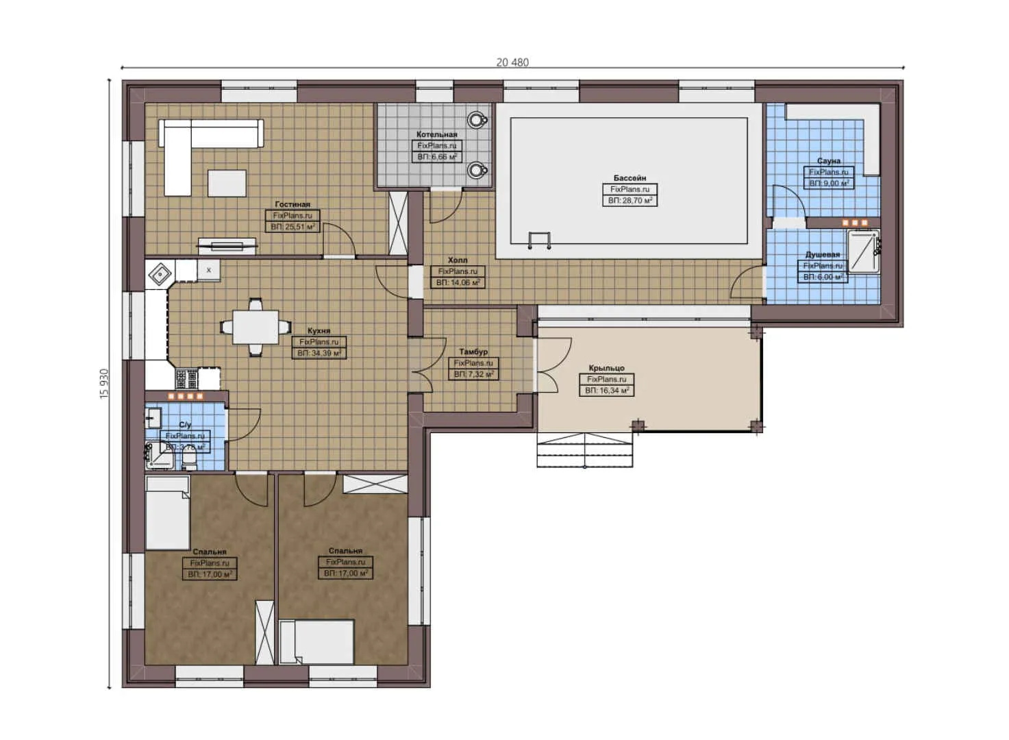 F-5876 - План одноэтажного дома 16 на 21, площадью 190 м² с баней, бассейном и 2 спальнями