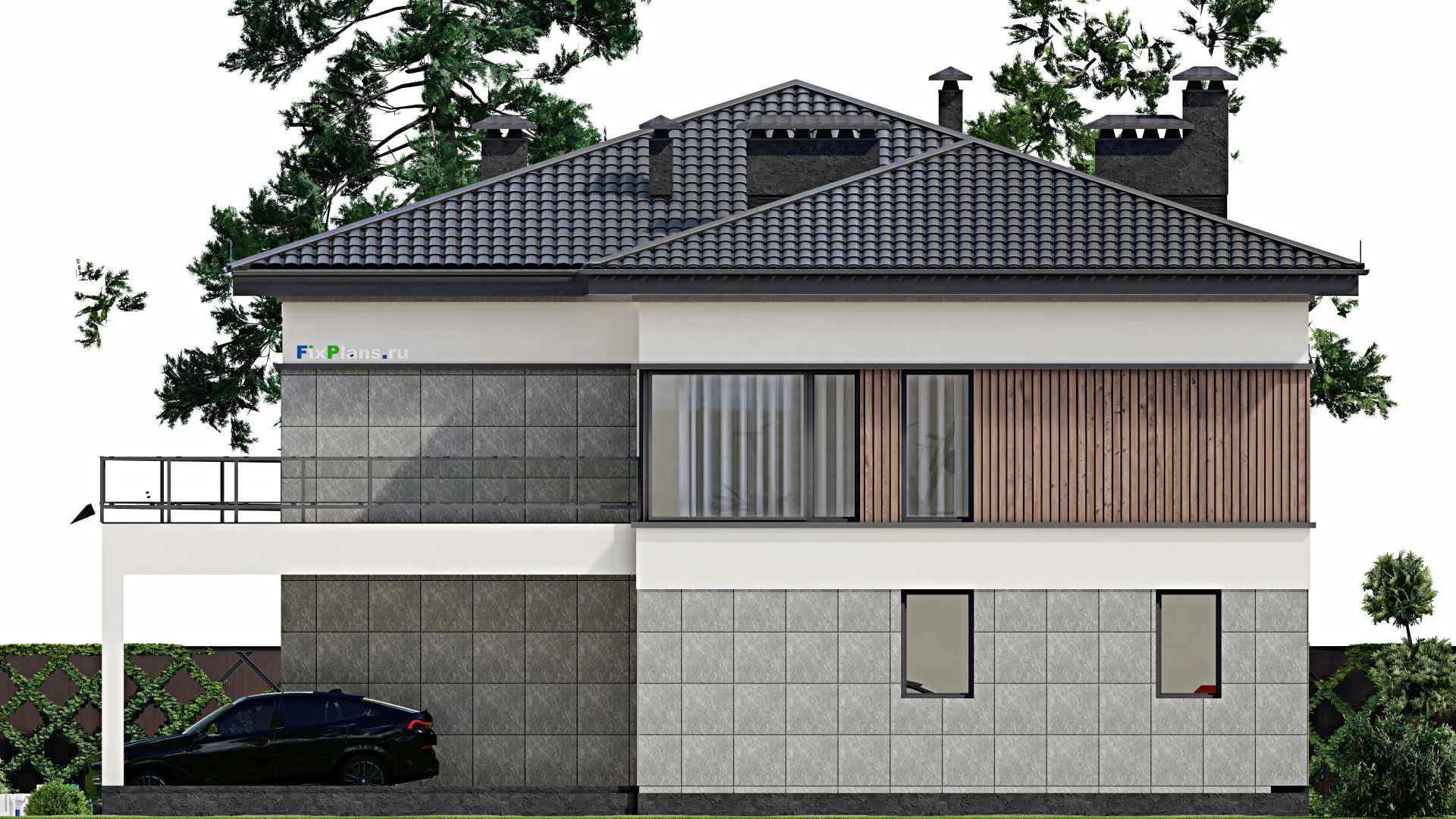 F-5210 - Проект двухэтажного дома 15 на 20, площадью 460 м² с балконом, гаражом на 1 машину, спортзалом и 1 спальнями