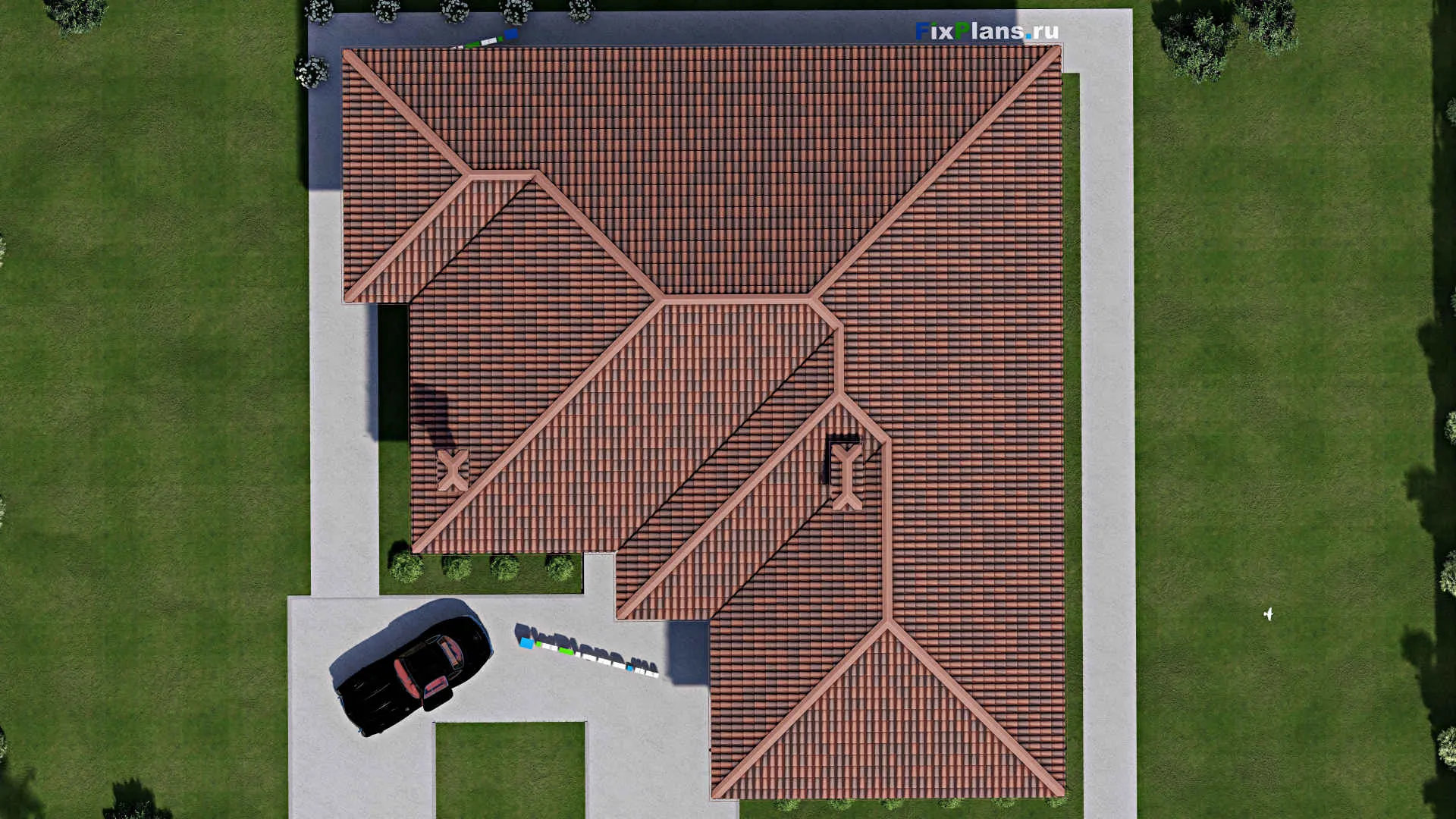 F-8261 - Проект одноэтажного дома 19 на 20, площадью 230 м² с террасой, гаражом на 2 машины и 3 спальнями