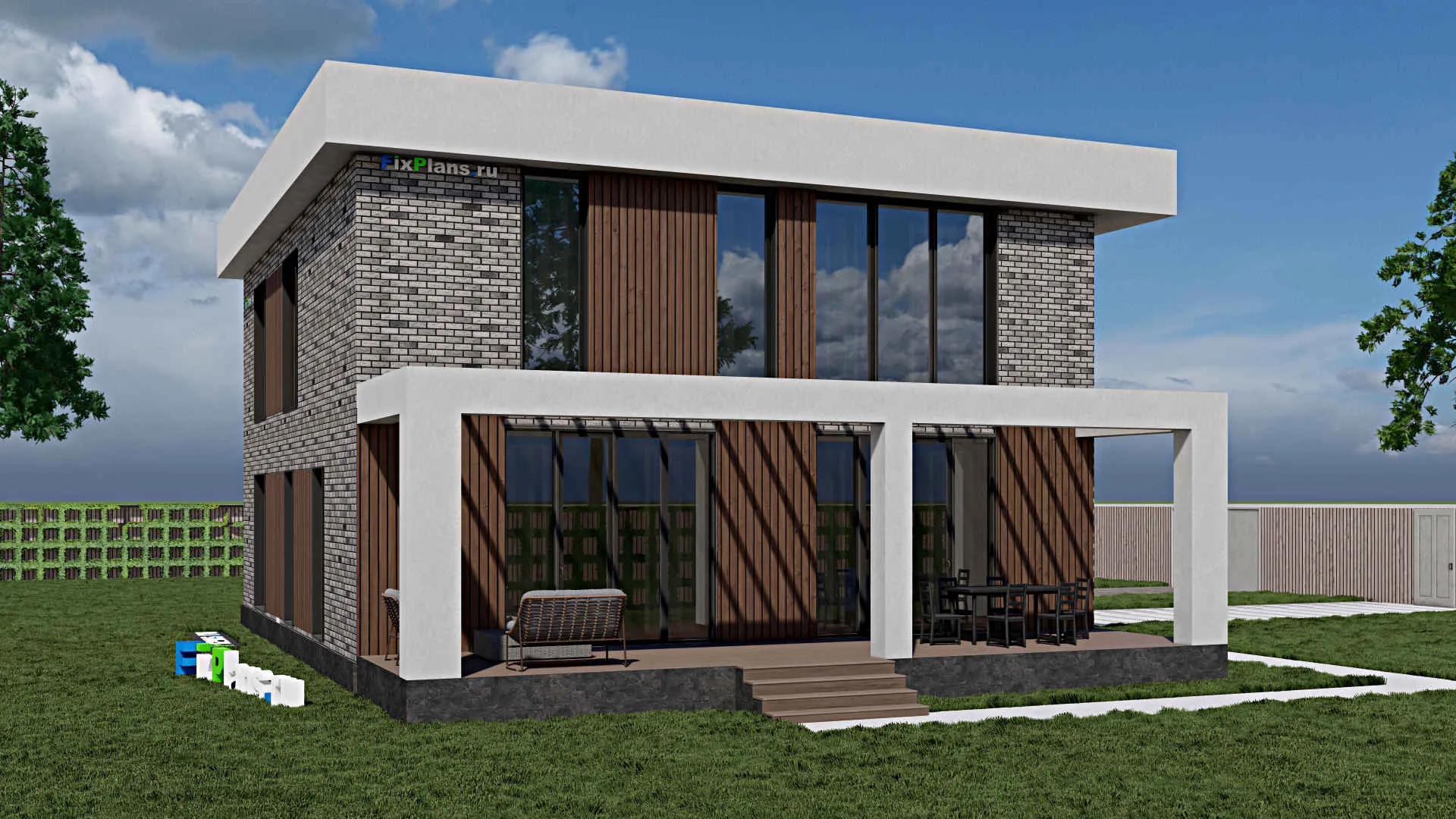 F-1412 - Проект двухэтажного дома 12 на 13, площадью 250 м² с террасой, баней и 5 спальнями