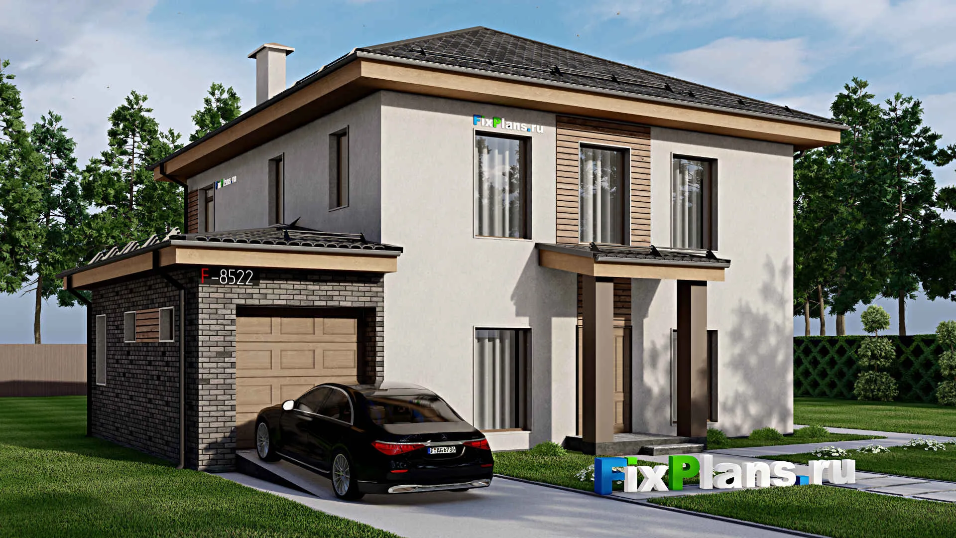 F-8522 - Проект двухэтажного дома 14 на 16, площадью 230 м² с террасой, балконом, гаражом на 1 машину и 5 спальнями