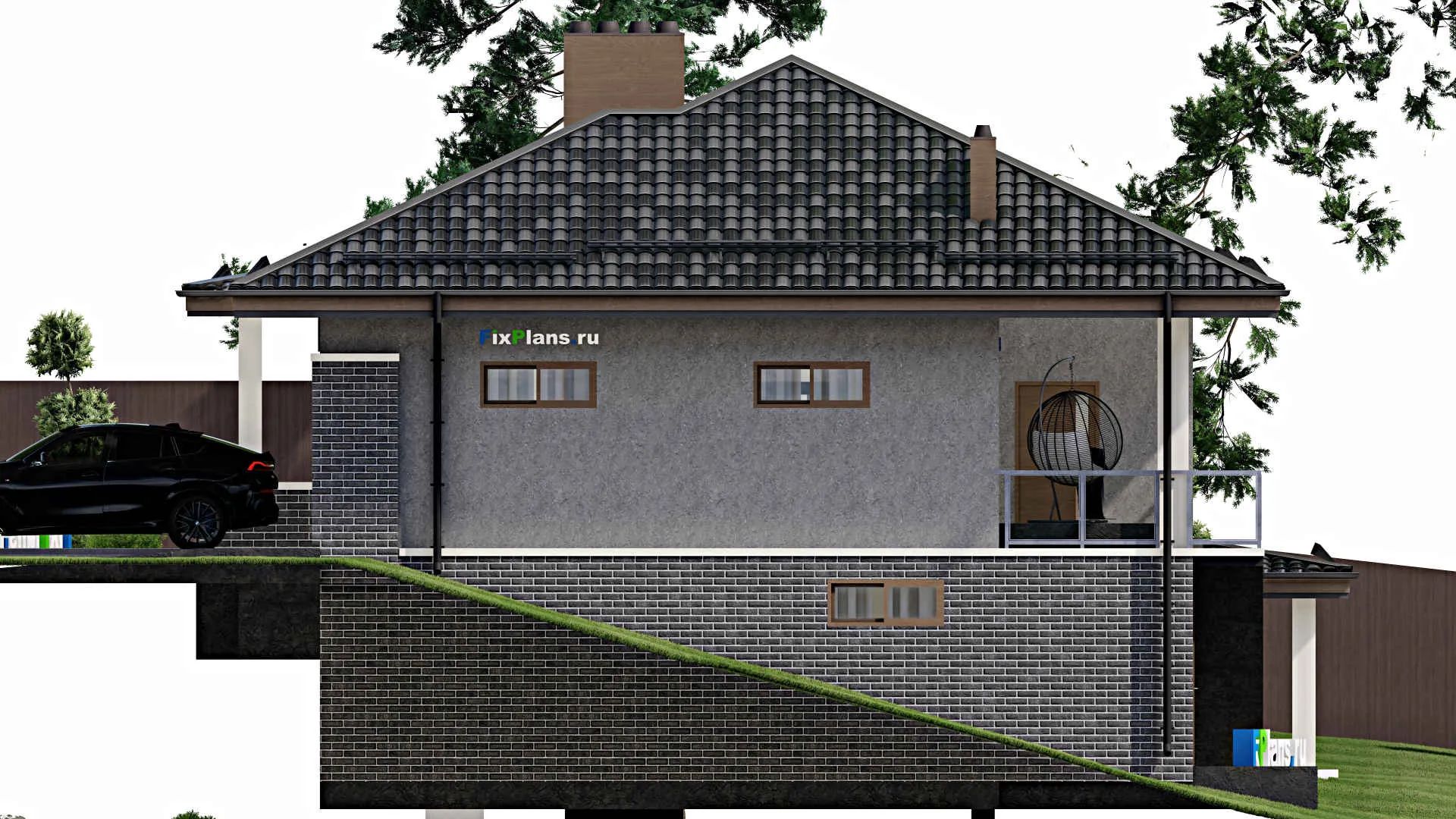 F-3122 - Проект одноэтажного дома 12 на 17, площадью 330 м² с террасой, цокольным этажом, баней, гаражом на 1 машину и 3 спальнями