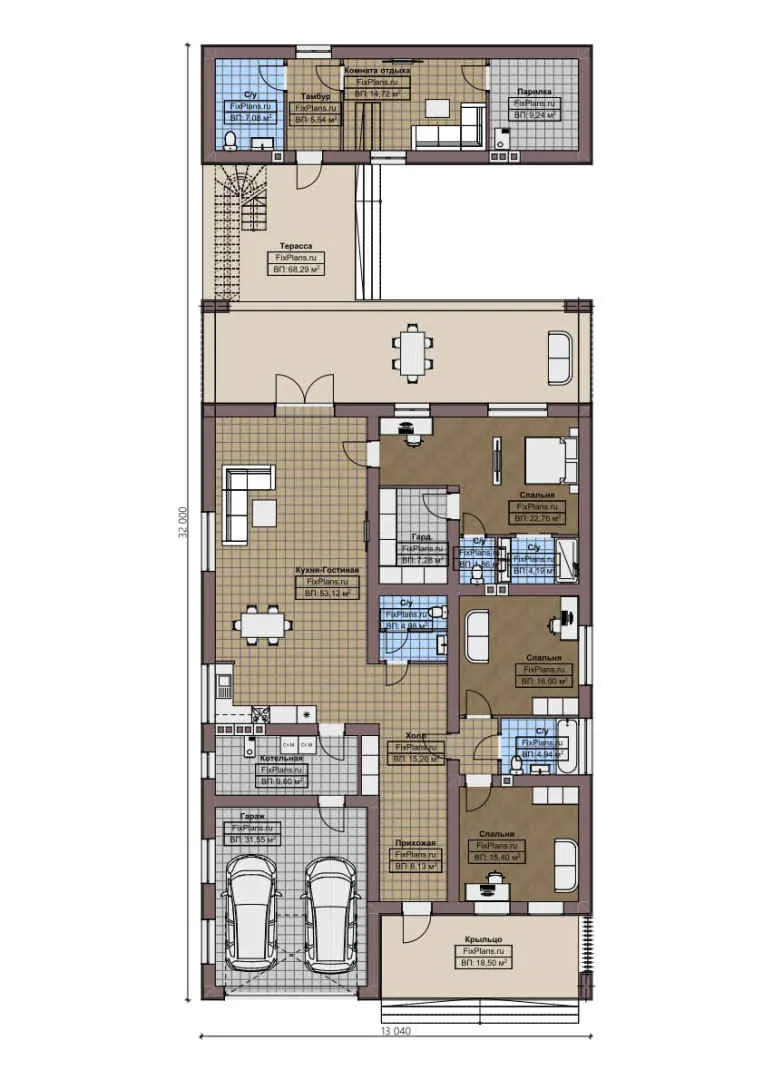 F-0638 - План одноэтажного дома 14 на 32, площадью 320 м² с террасой, гаражом на 1 машину и 3 спальнями