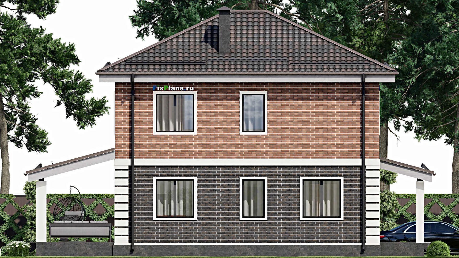 F-6191 - Планы двухэтажного дома 9 на 10, площадью 210 м² с террасой, цокольным этажом и 3 спальнями