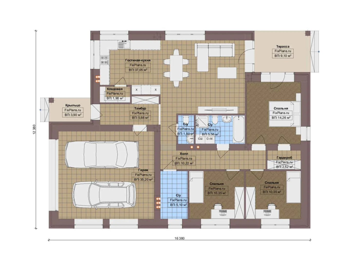 F-14714 - План одноэтажного дома 13 на 17, площадью 160 м² с террасой, гаражом на 2 машины и 3 спальнями