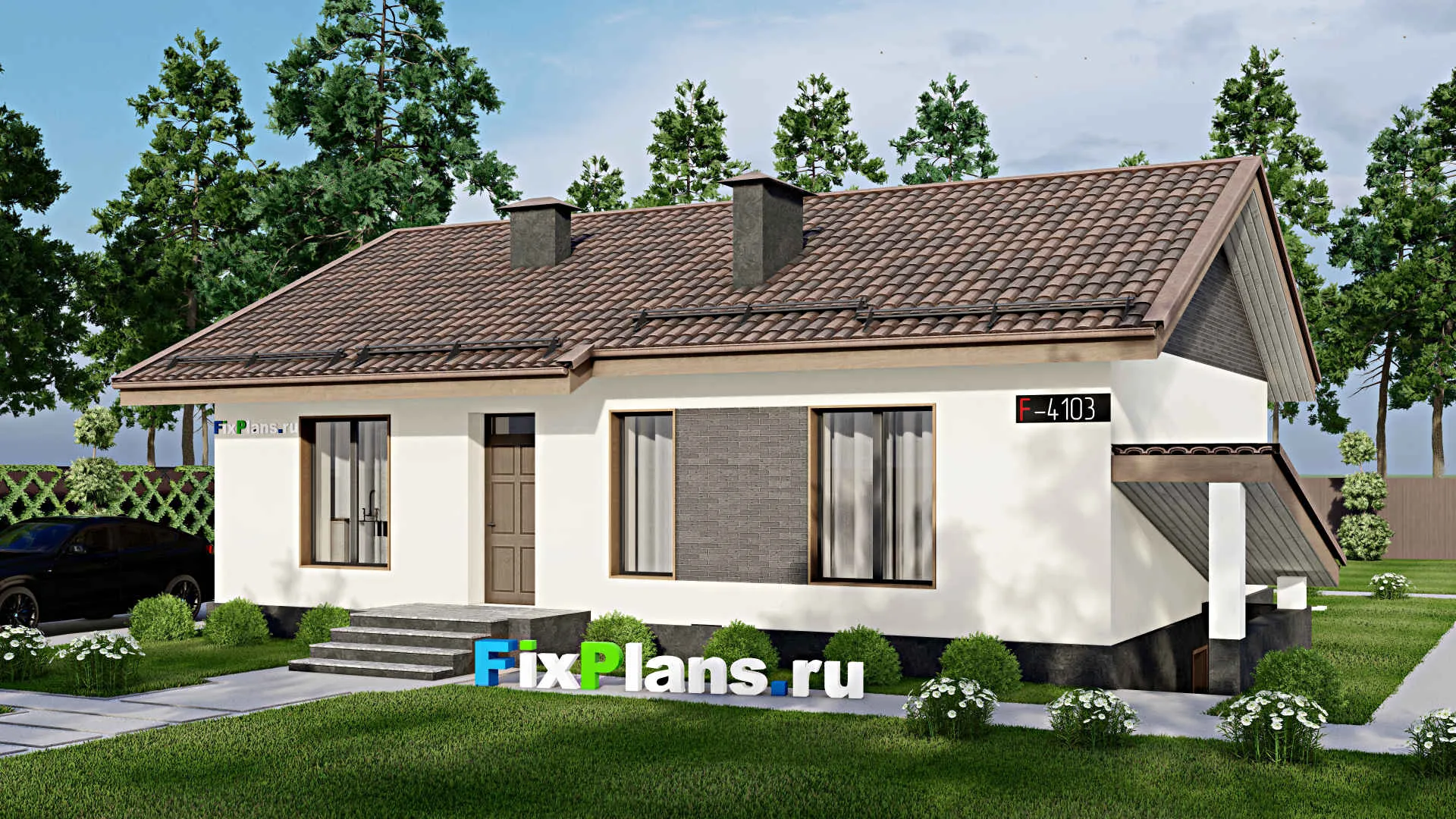 F-4103 - Проект одноэтажного дома 10 на 13, площадью 160 м² с террасой, цокольным этажом и 3 спальнями