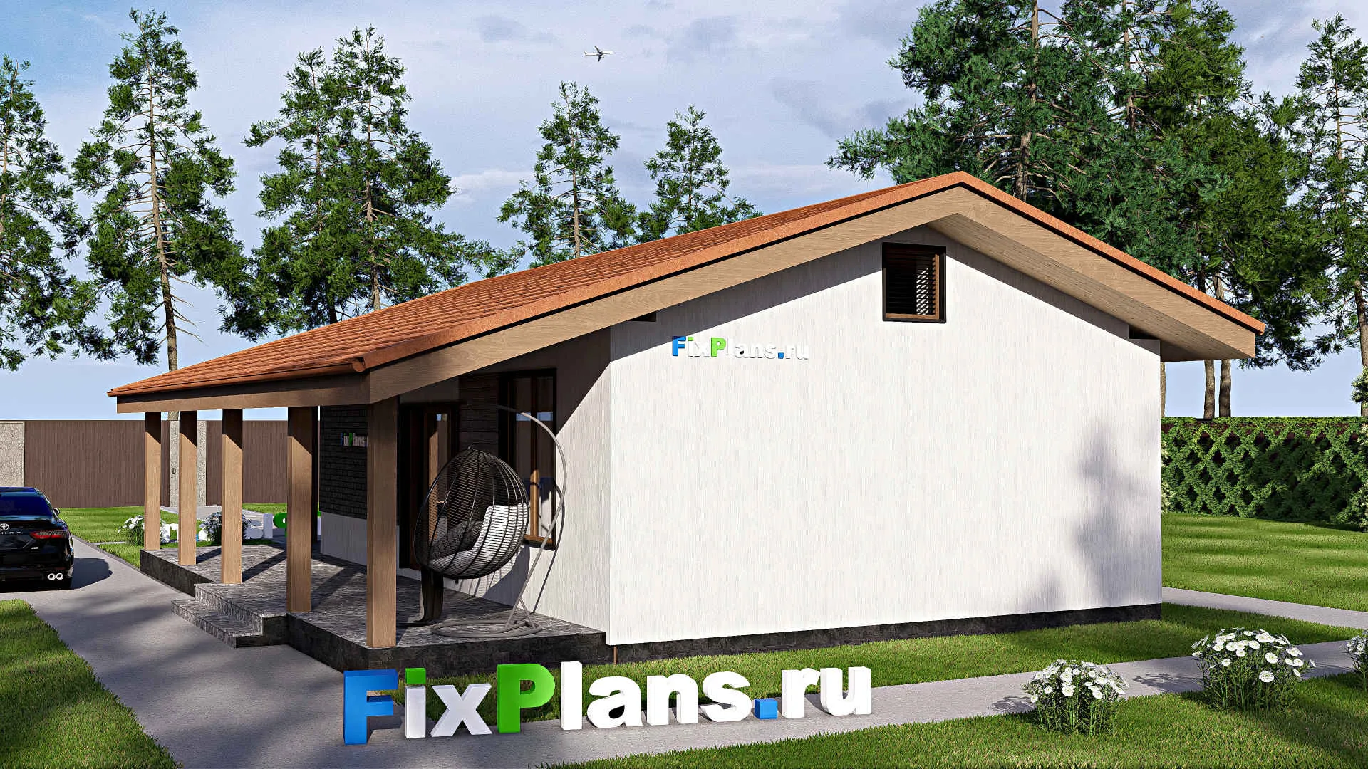 F-17243 - Проект одноэтажного дома 10 на 13, площадью 90 м² с террасой и 2 спальнями