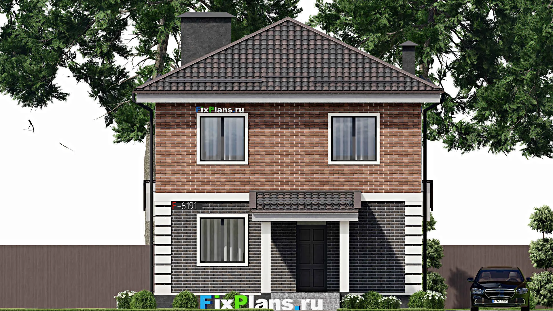 F-6191 - Планы двухэтажного дома 9 на 10, площадью 210 м² с террасой, цокольным этажом и 3 спальнями