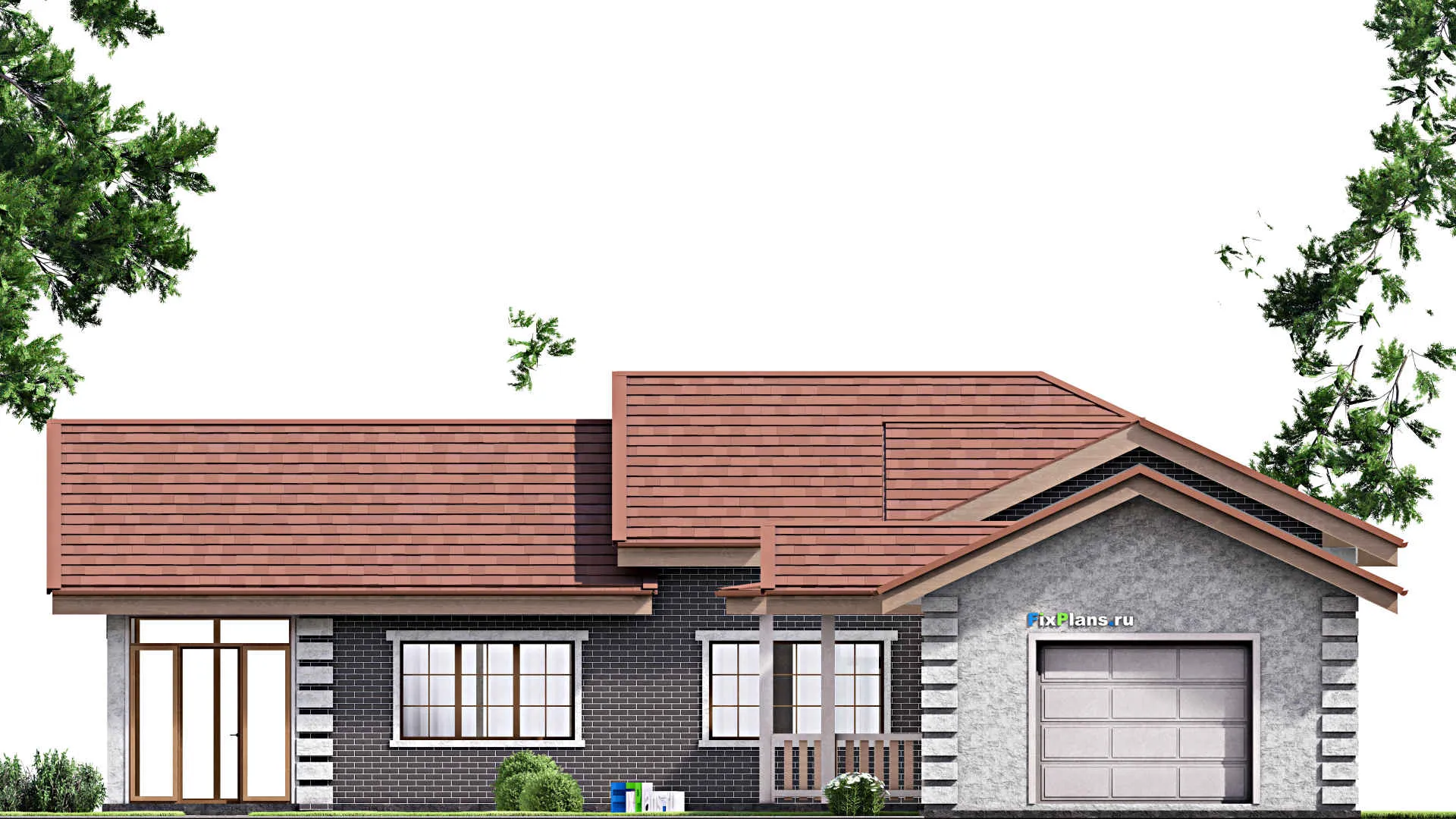 F-8324 - Проект одноэтажного дома 19 на 40, площадью 300 м² с террасой, гаражом на 2 машины и 5 спальнями