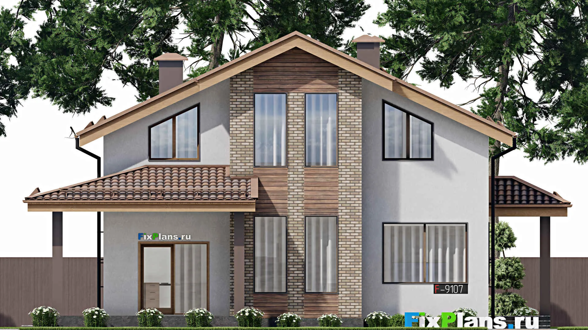 F-9107 - Проект дома с мансардой 13 на 15, площадью 190 м² с террасой и 4 спальнями