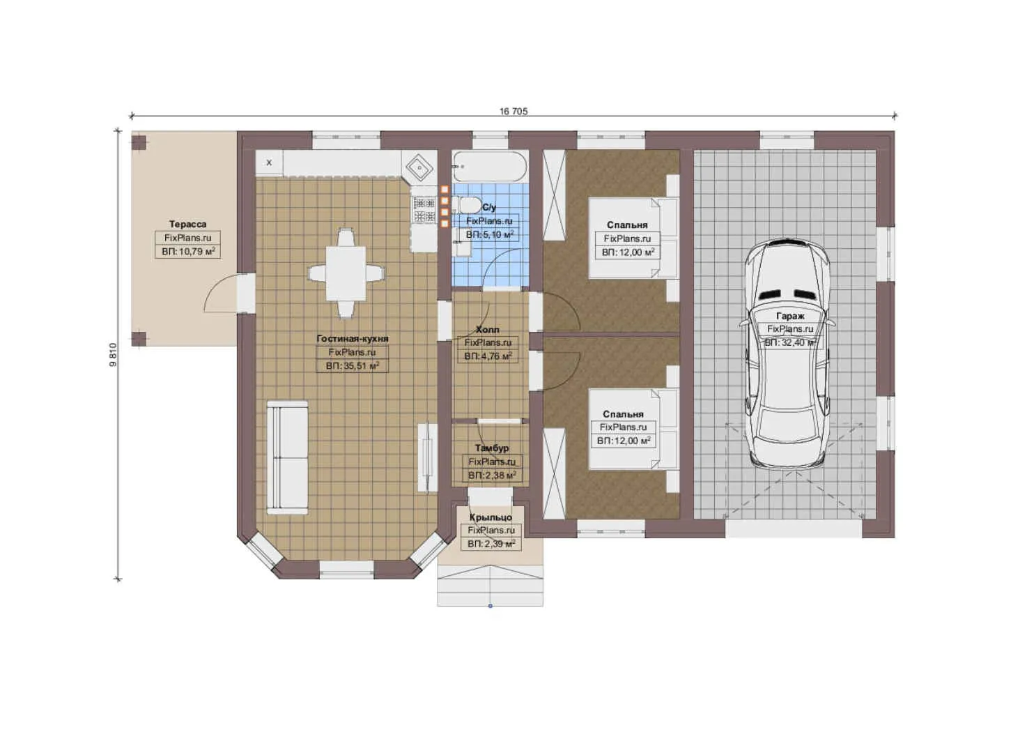 F-12626 - План одноэтажного дома 10 на 17, площадью 120 м² с террасой, гаражом на 1 машину и 2 спальнями
