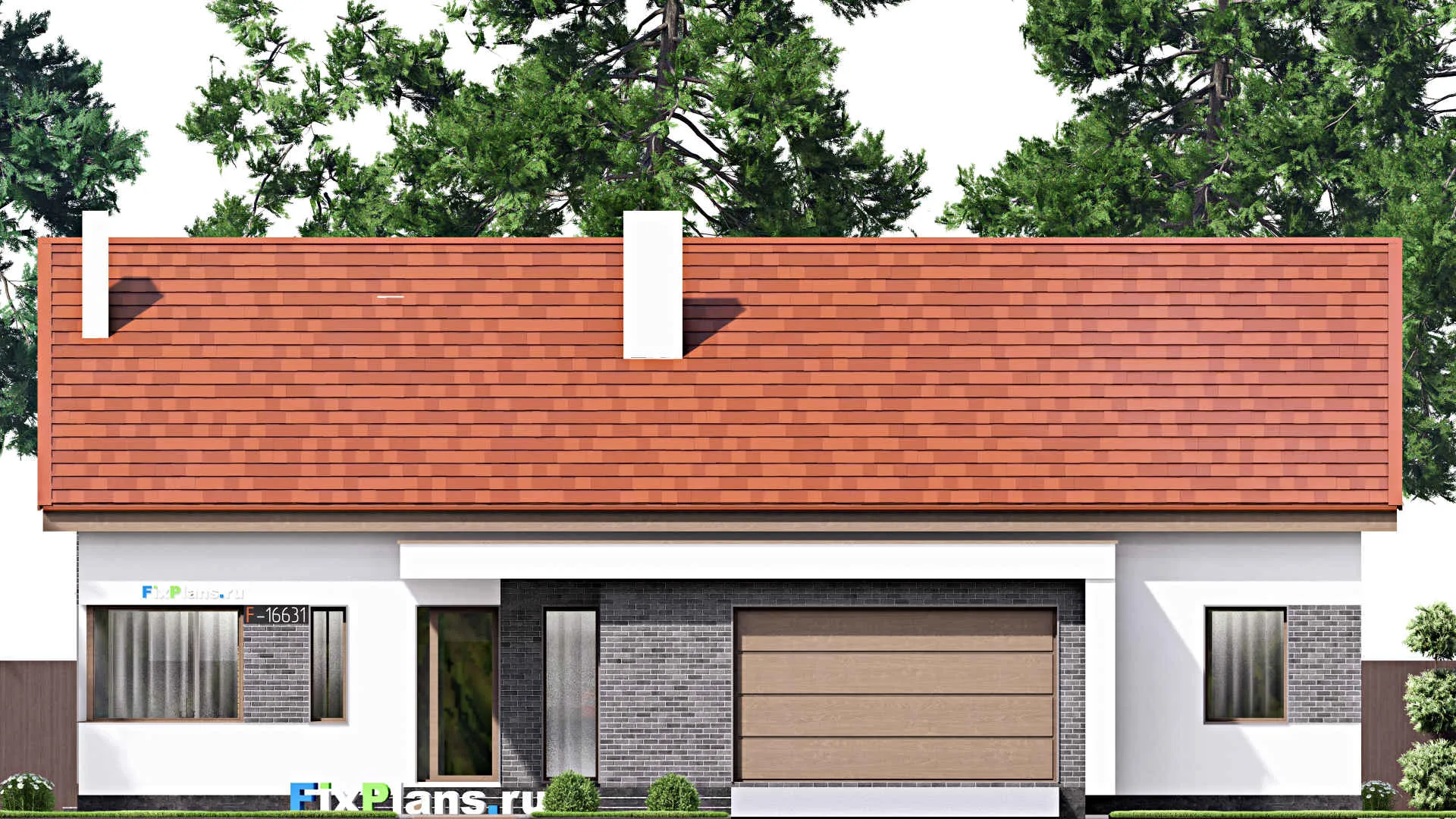 F-16631 - Проект одноэтажного дома 17 на 20, площадью 370 м² с террасой, гаражом на 2 машины и 3 спальнями