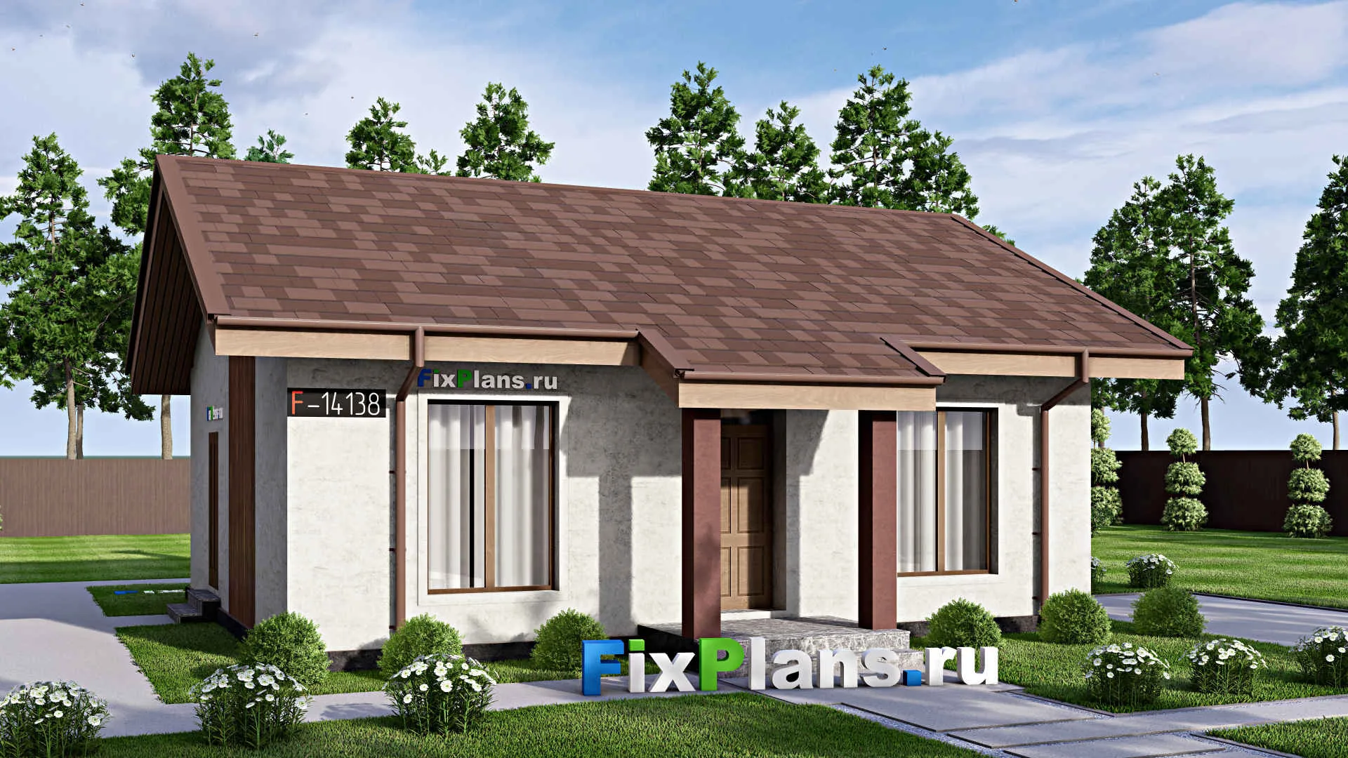 F-14138 - Проект одноэтажного дома 11 на 13, площадью 90 м² с террасой и 2 спальнями