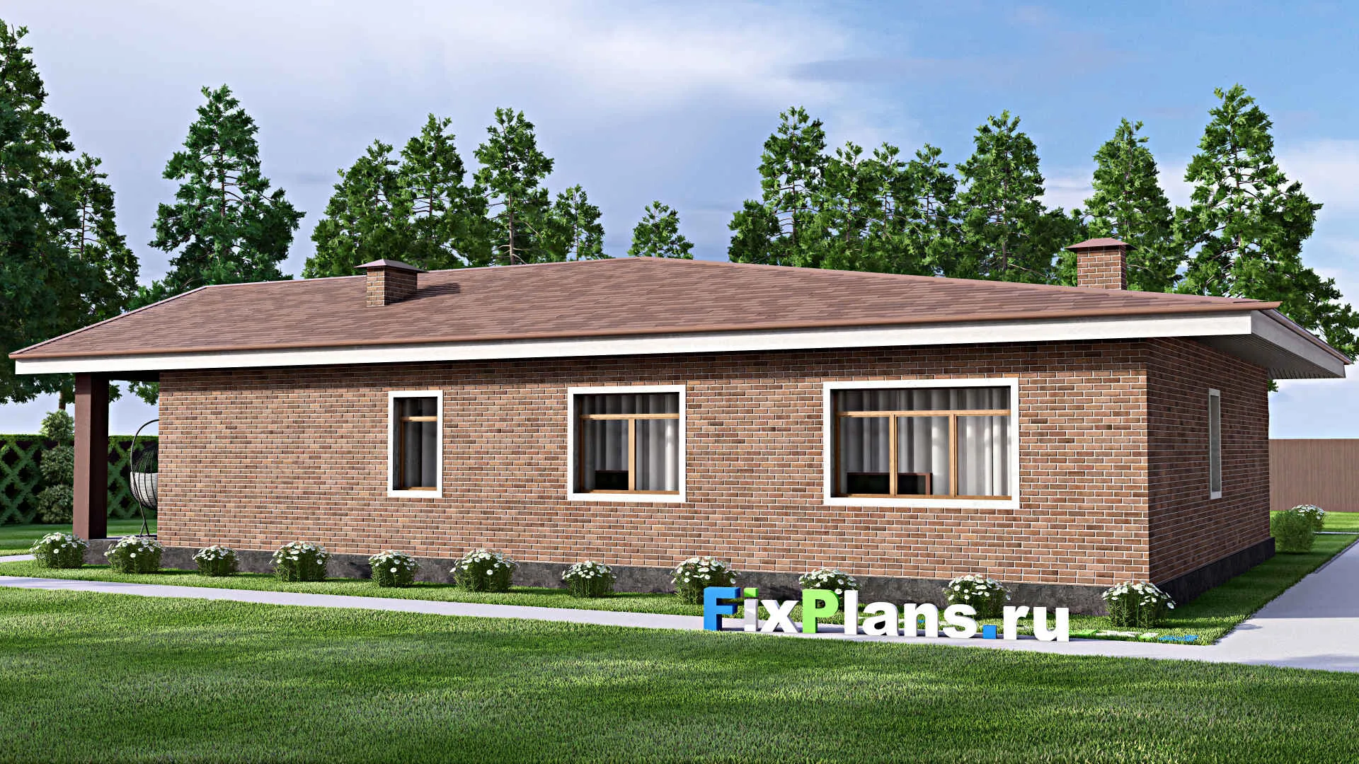 F-9269 - План одноэтажного дома 16 на 19, площадью 190 м² с террасой и 3 спальнями