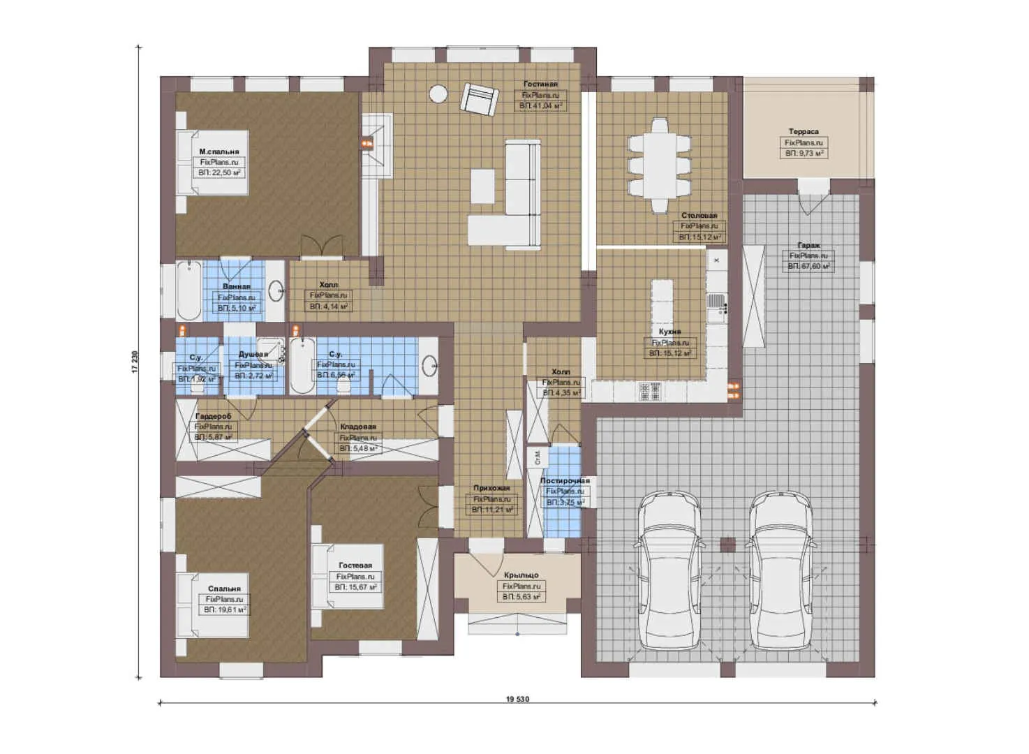 F-20150 - План одноэтажного дома 18 на 20, площадью 270 м² с террасой, гаражом на 2 машины и 2 спальнями