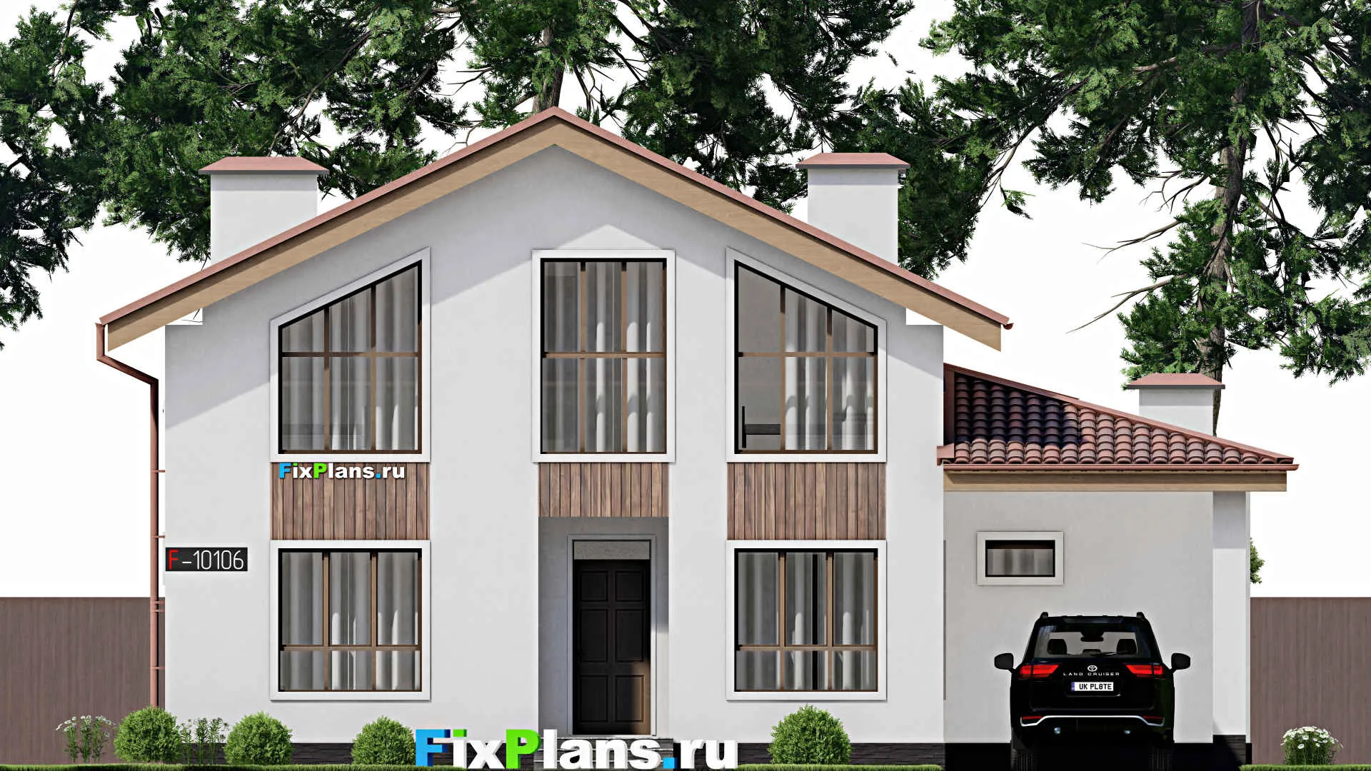 F-10106 - Проект дома с мансардой 14 на 16, площадью 260 м² с террасой, баней и 3 спальнями