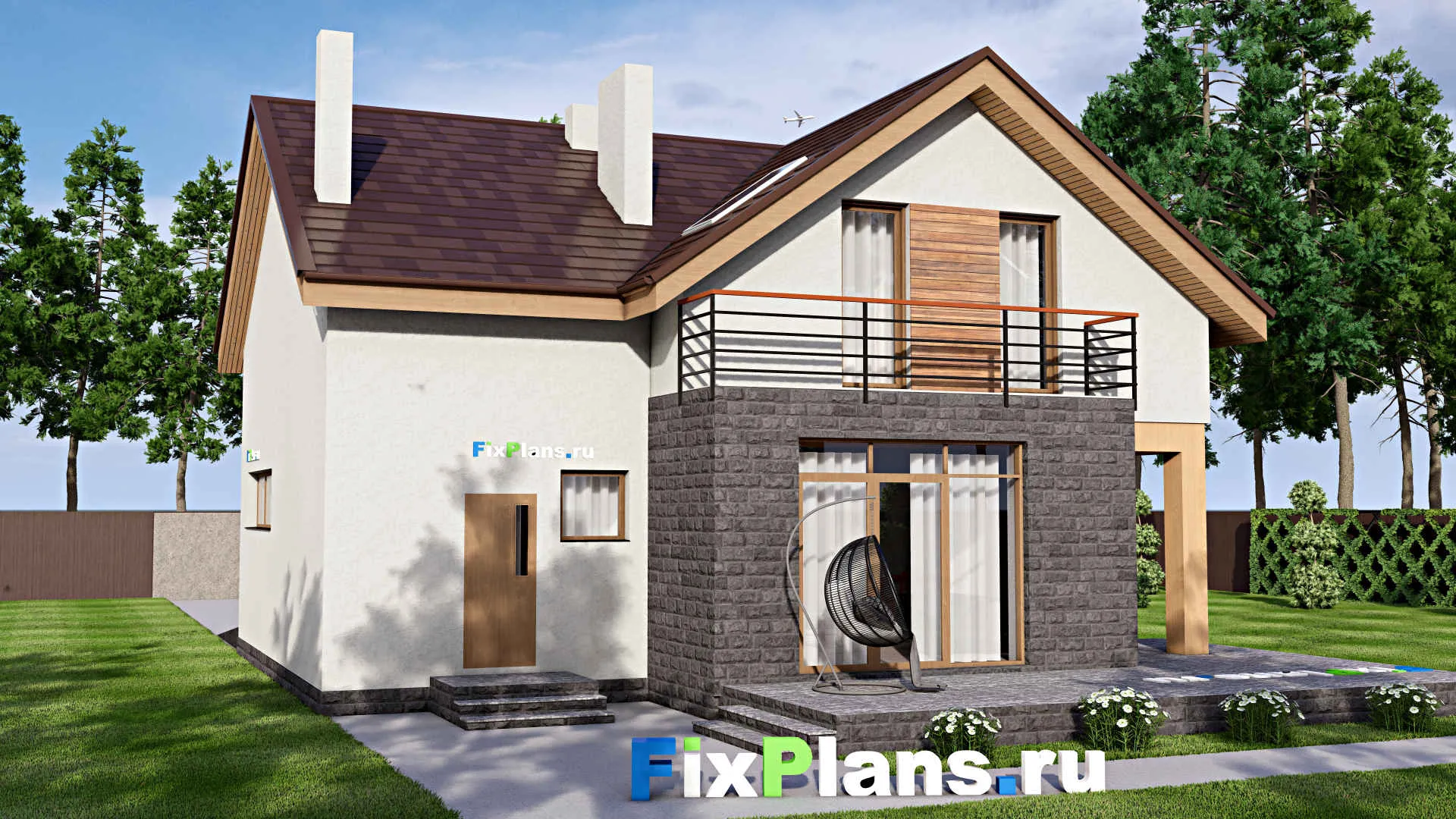 F-16181 - Проект дома с мансардой 13 на 16, площадью 240 м² с террасой, балконом, гаражом на 1 машину и 3 спальнями