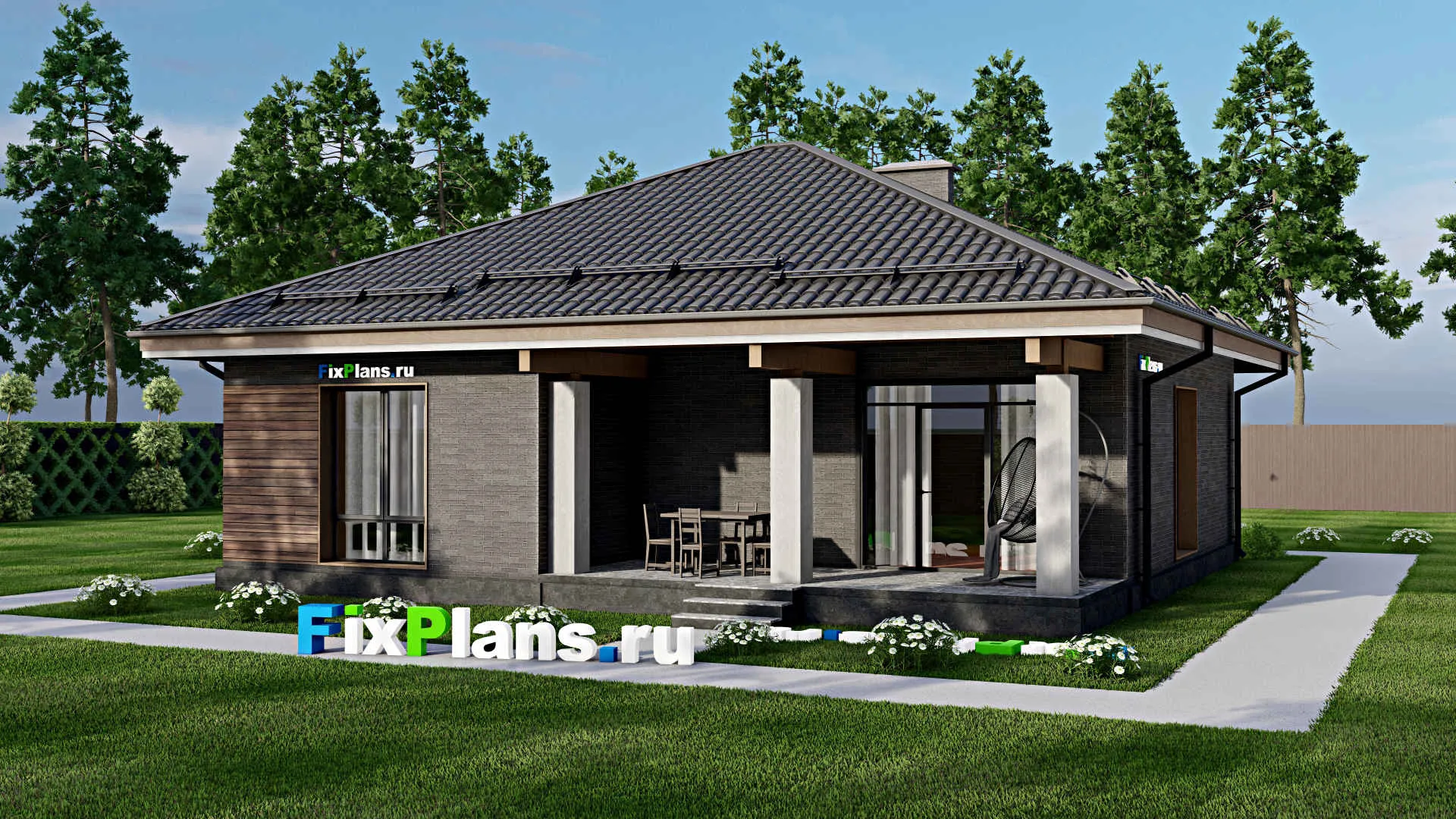 F-5516 - Проект одноэтажного дома 12 на 12, площадью 110 м² с террасой и 2 спальнями