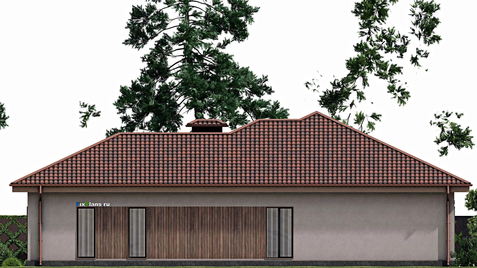 F-8261 - Проект одноэтажного дома 19 на 20, площадью 230 м² с террасой, гаражом на 2 машины и 3 спальнями