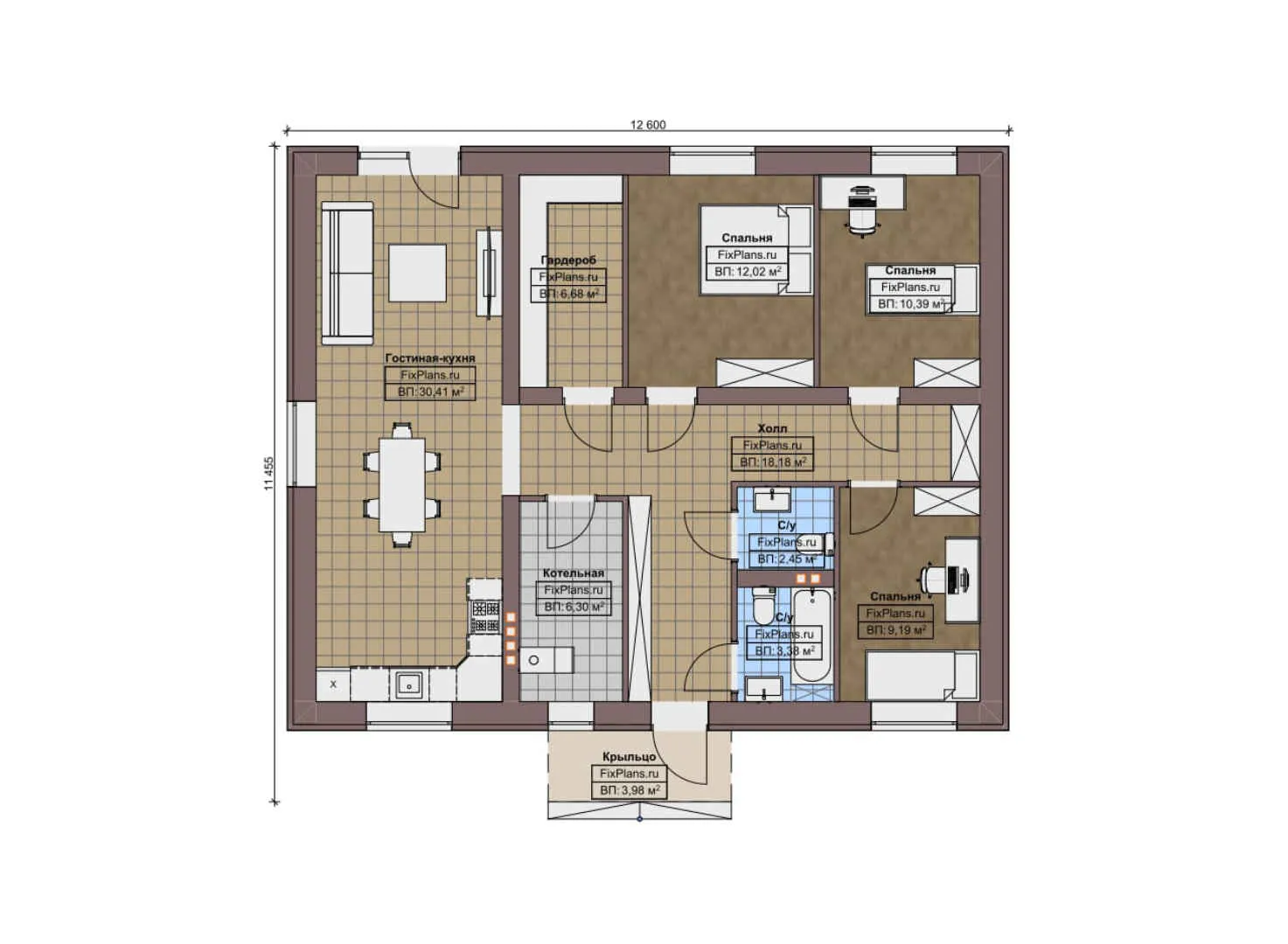 F-10034 - План одноэтажного дома 12 на 13, площадью 110 м² с 3 спальнями