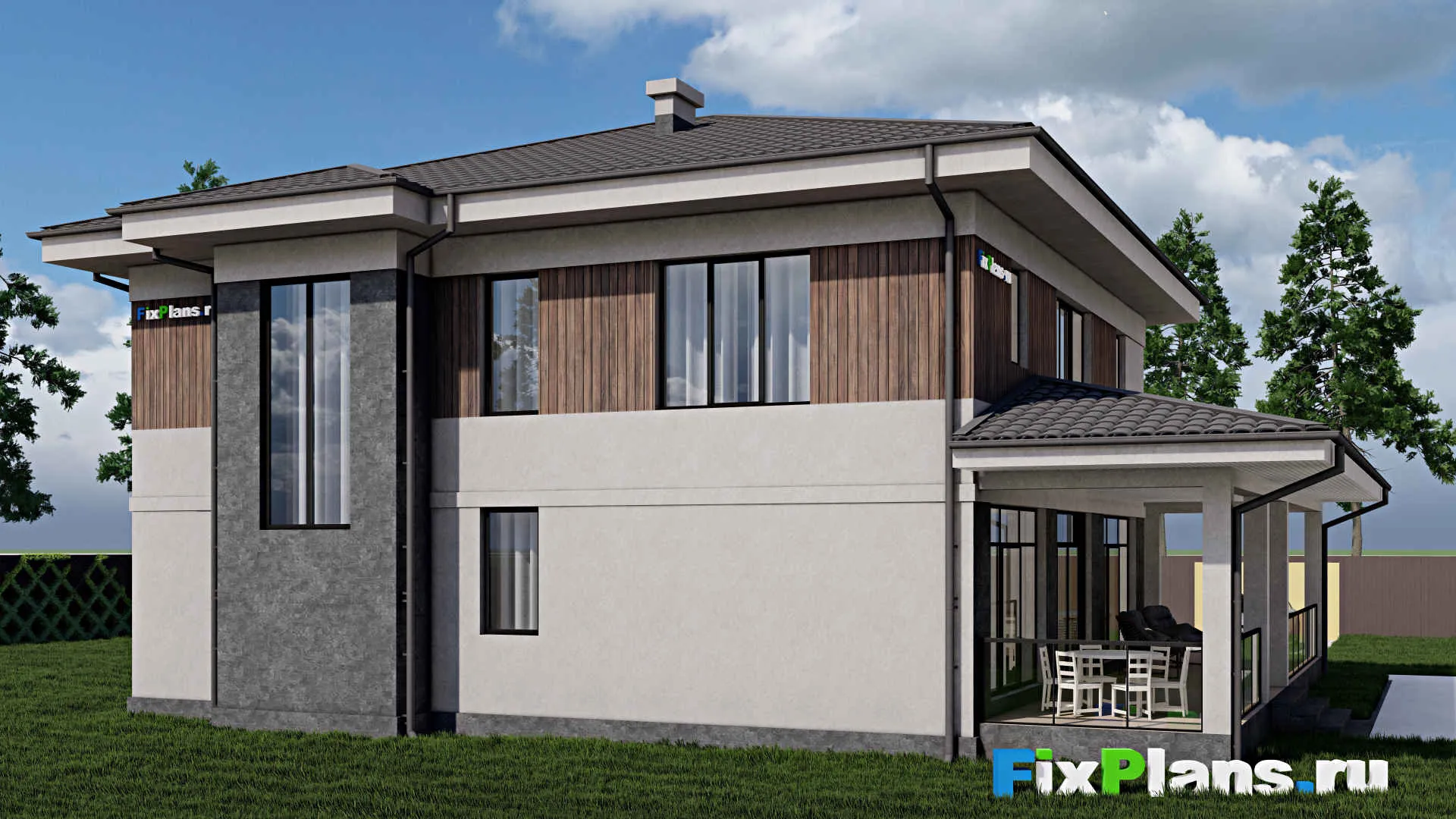 F-0332 - Проект двухэтажного дома 13 на 13, площадью 290 м² с террасой и 3 спальнями