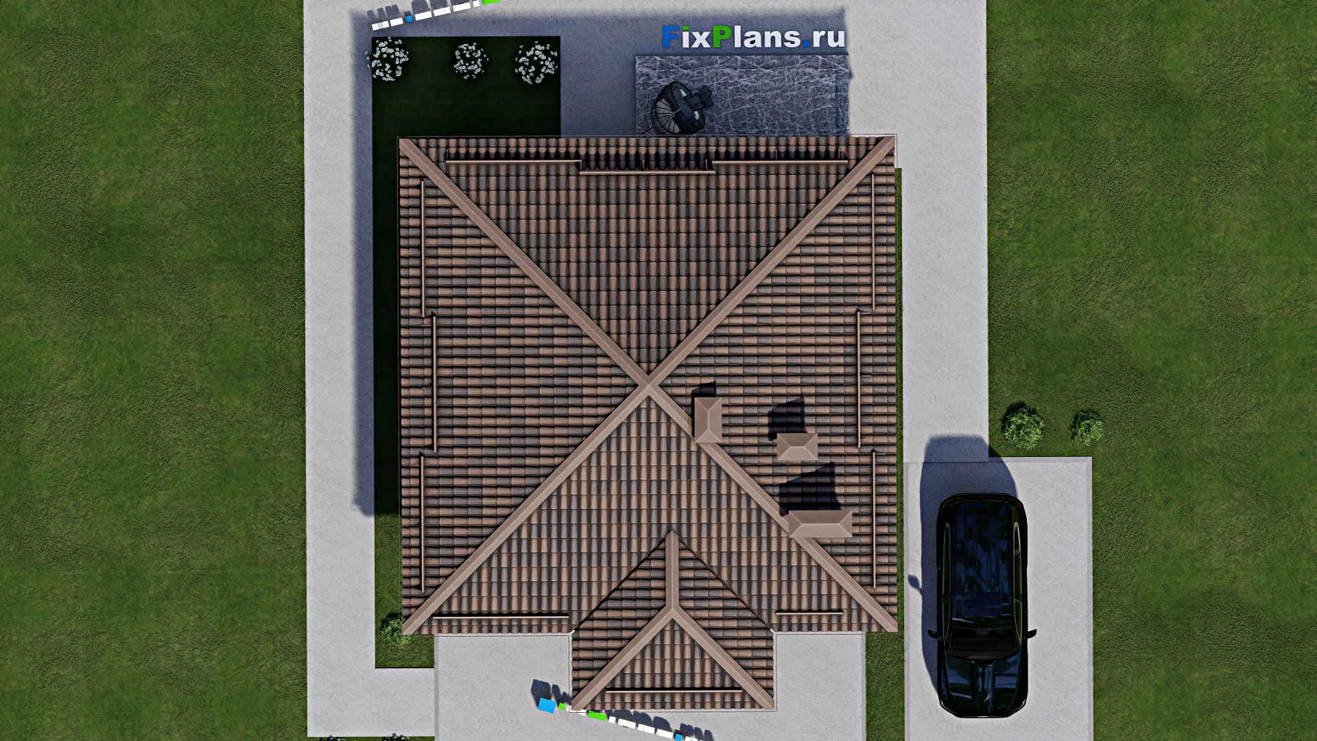 F-9890 - План одноэтажного дома 10 на 14, площадью 90 м² с террасой и 3 спальнями