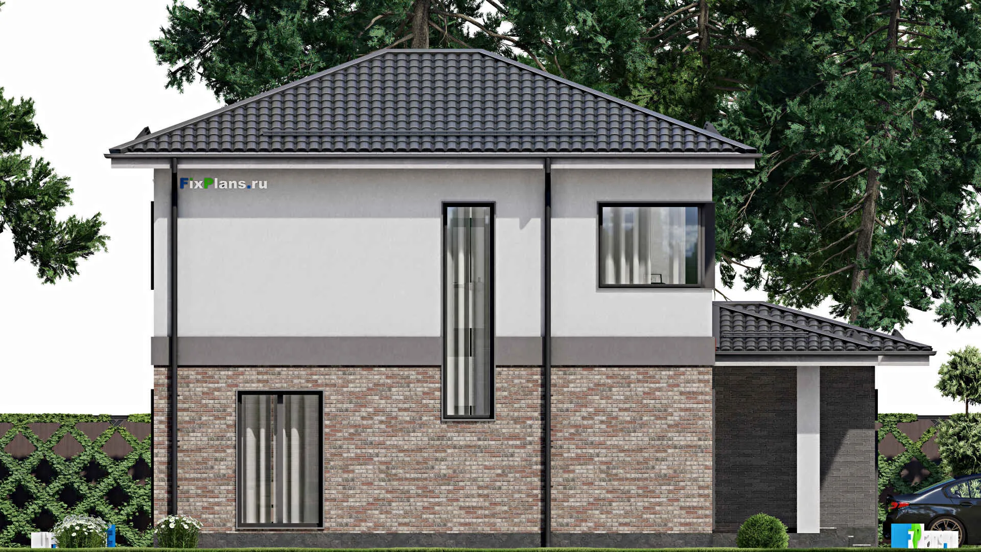 F-1961 - Проект двухэтажного дома 12 на 13, площадью 140 м² с гаражом на 1 машину и 2 спальнями