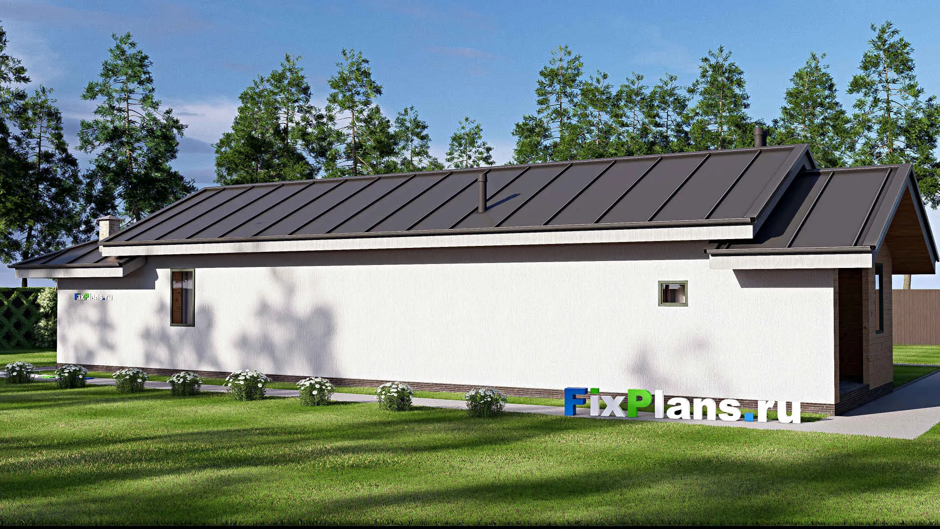 F-19754 - Проект одноэтажного дома 10 на 22, площадью 150 м² с террасой, баней и 1 спальнями