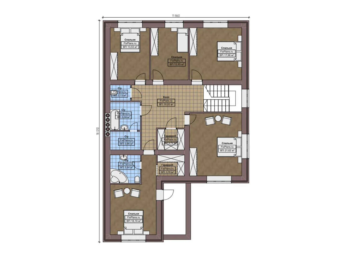 F-7433 - Планы двухэтажного дома 16 на 19, площадью 340 м² с террасой, гаражом на 2 машины и 5 спальнями