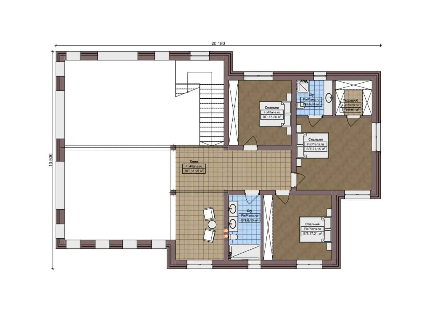 F-6380 - Планы двухэтажного дома 17 на 21, площадью 310 м² с 4 спальнями