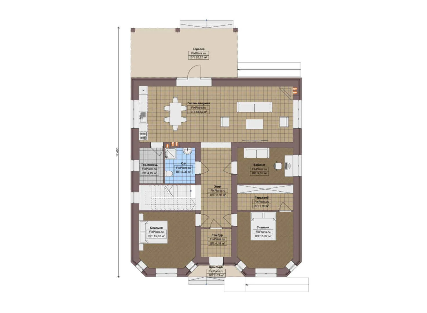 F-17945 - Планы дома с мансардой 12 на 18, площадью 220 м² с террасой и 5 спальнями