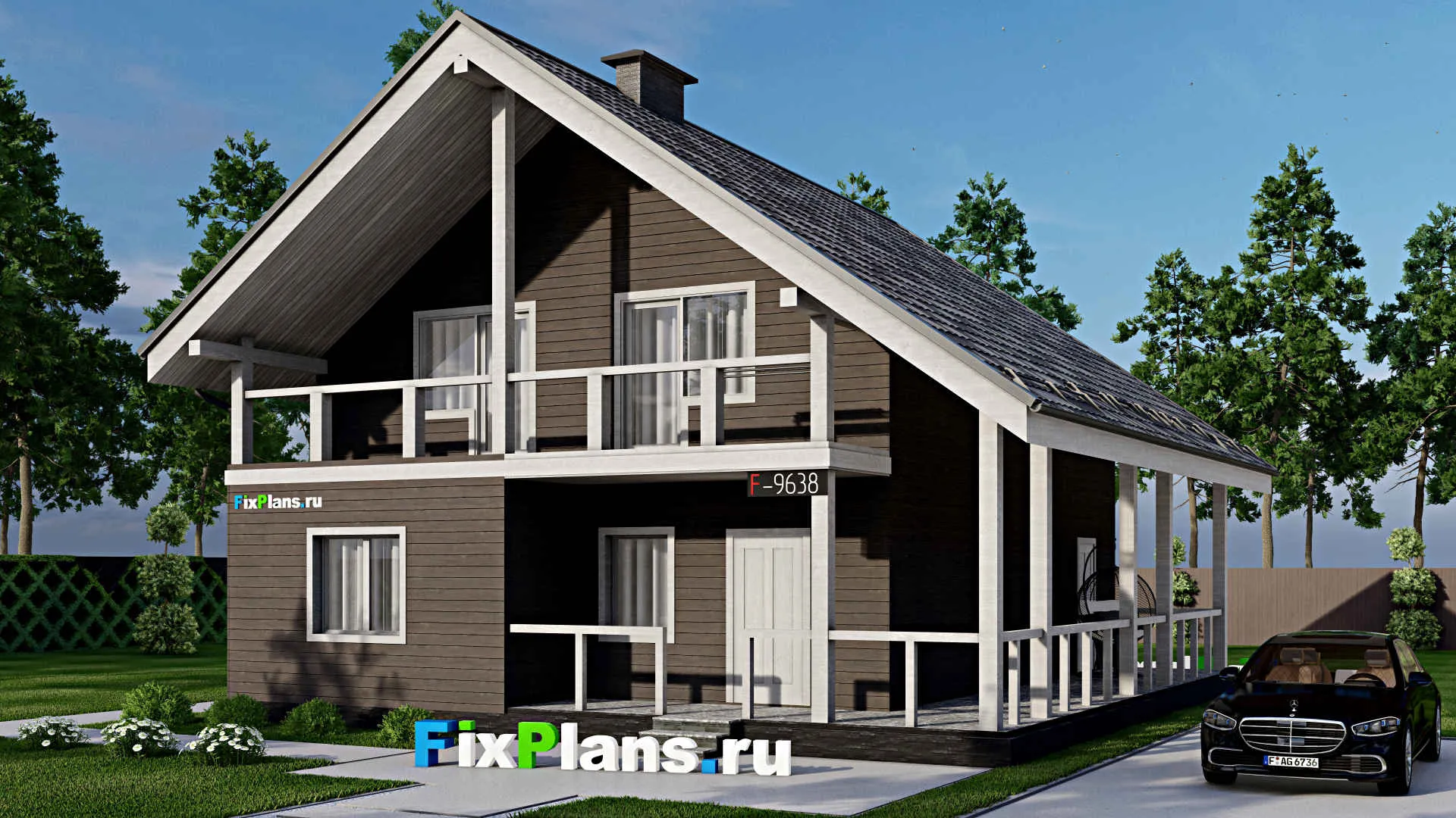 F-9638 - Проект дома с мансардой 11 на 12, площадью 210 м² с террасой, балконом и 6 спальнями