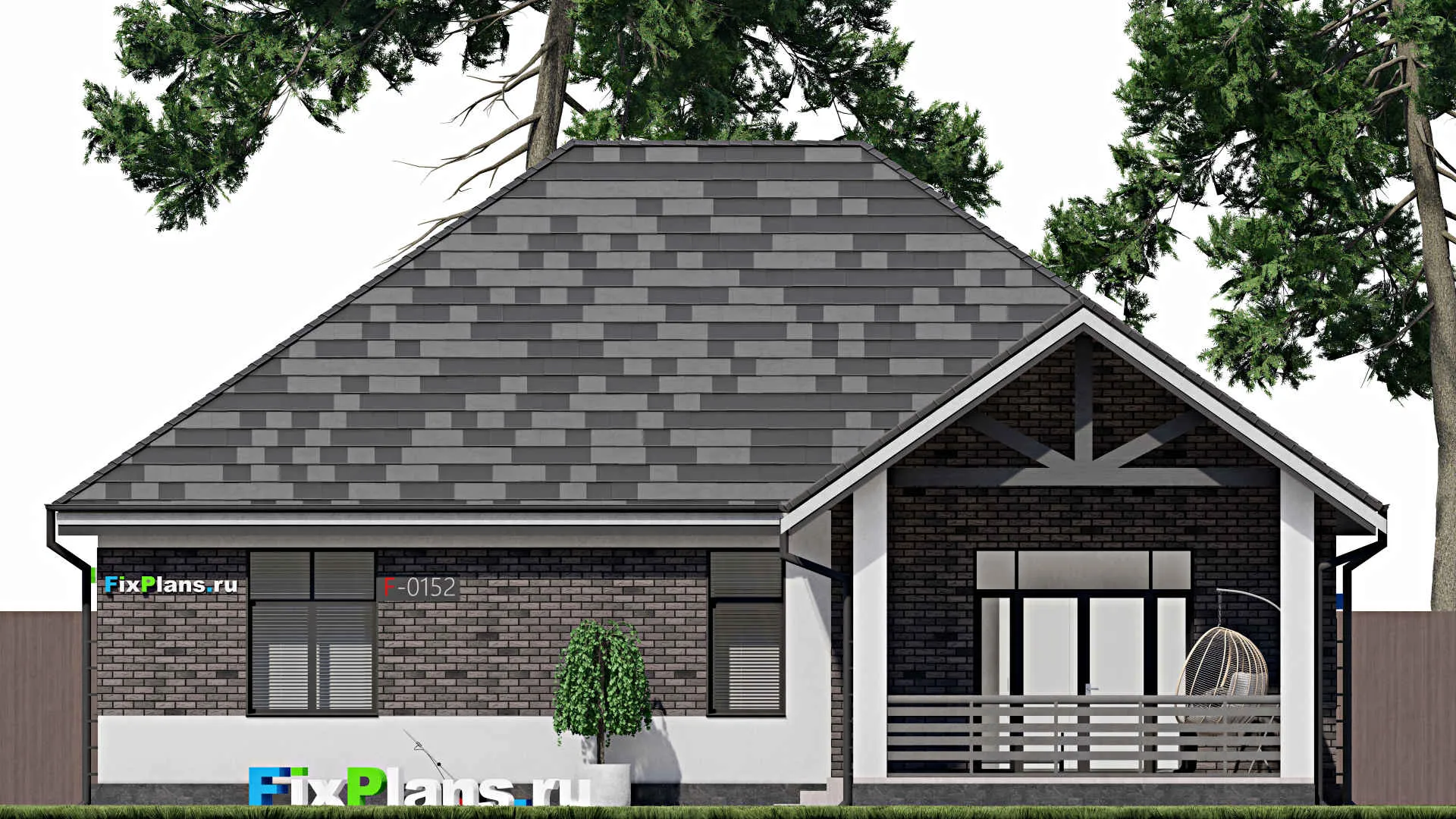 F-0152 - Проект одноэтажного дома 14 на 14, площадью 140 м² с террасой и 3 спальнями