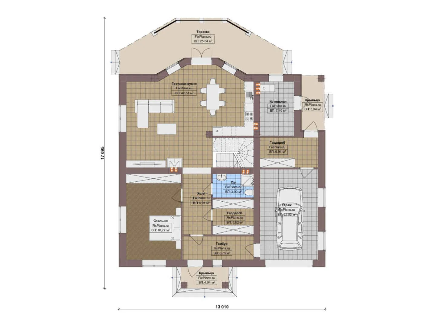 F-15974 - Планы двухэтажного дома 14 на 18, площадью 300 м² с террасой, балконом, гаражом на 1 машину и 4 спальнями