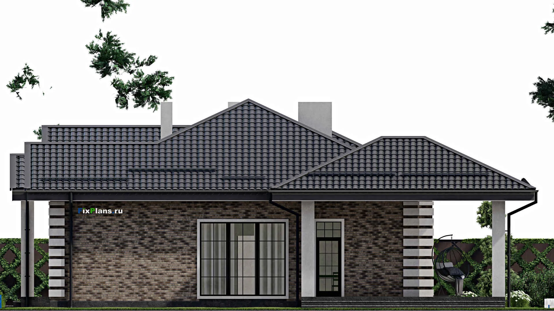 F-1943 - Проект одноэтажного дома 14 на 18, площадью 200 м² с террасой и 4 спальнями