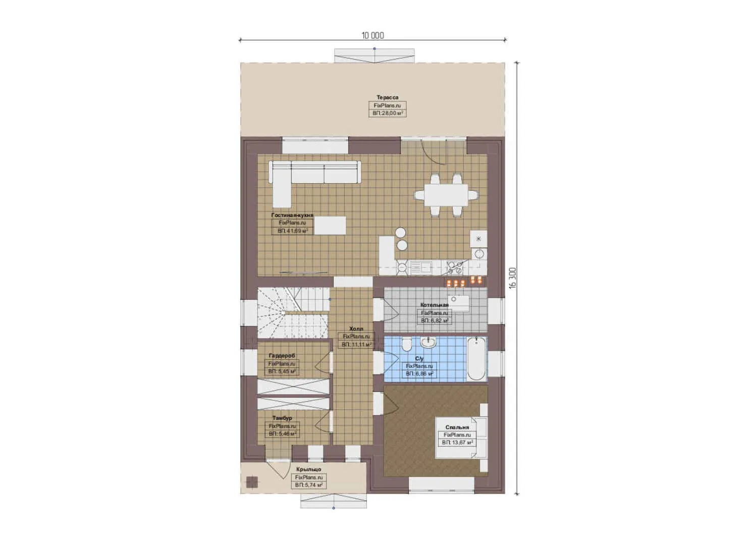 F-12977 - Планы дома с мансардой 10 на 17, площадью 220 м² с террасой и 5 спальнями