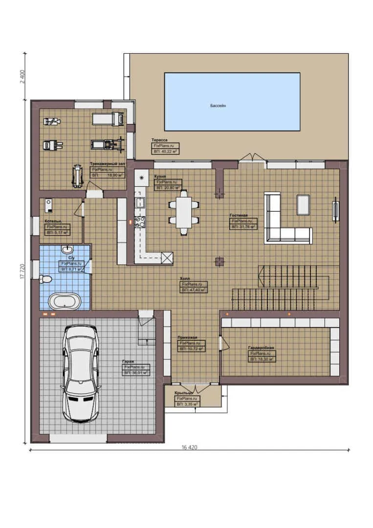 F-0971 - Планы двухэтажного дома 17 на 18, площадью 400 м² с террасой, балконом, гаражом на 2 машины и 4 спальнями