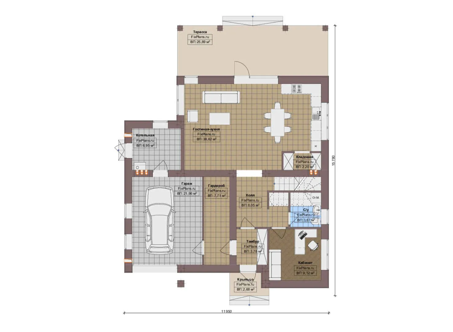 F-13724 - Планы двухэтажного дома 12 на 16, площадью 220 м² с террасой, гаражом на 1 машину и 4 спальнями