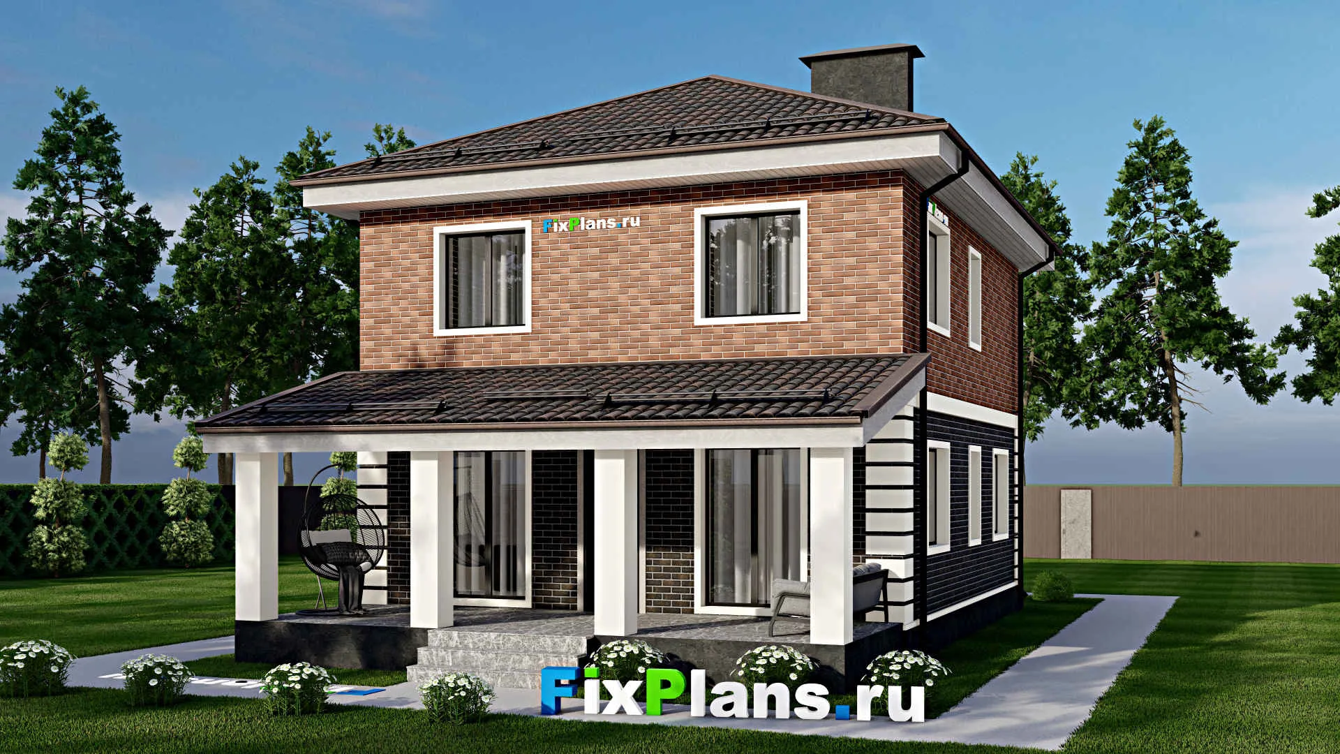 F-6191 - Планы двухэтажного дома 9 на 10, площадью 210 м² с террасой, цокольным этажом и 3 спальнями