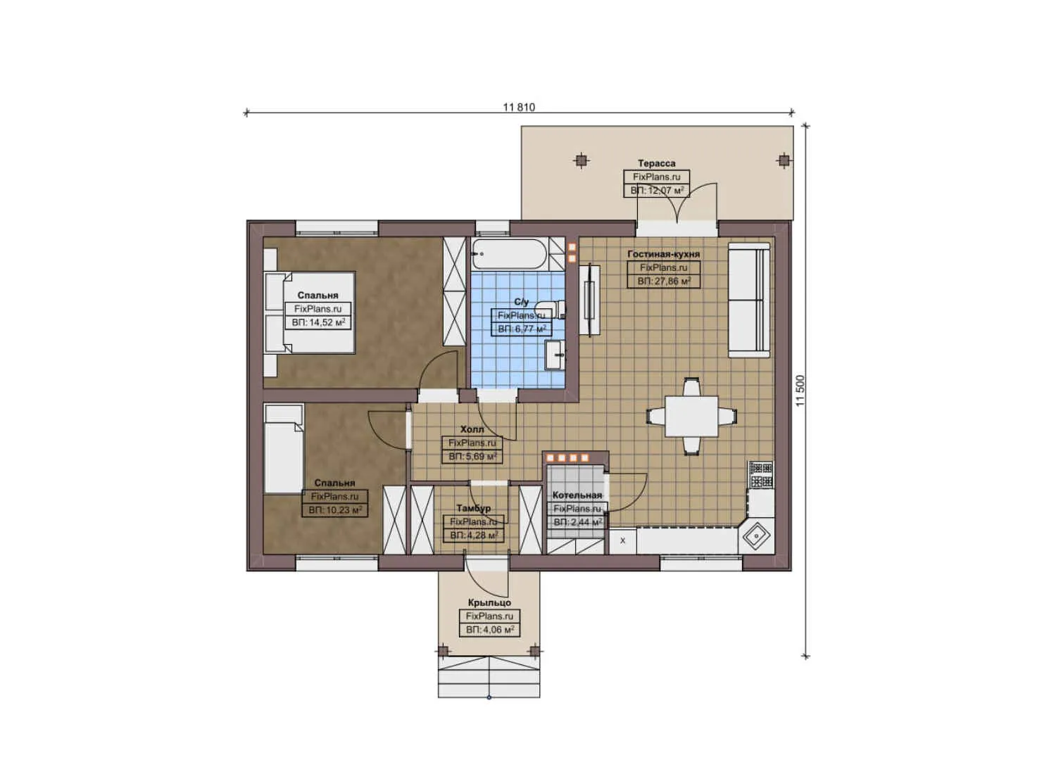 F-11564 - План одноэтажного дома 12 на 12, площадью 90 м² с террасой и 2 спальнями