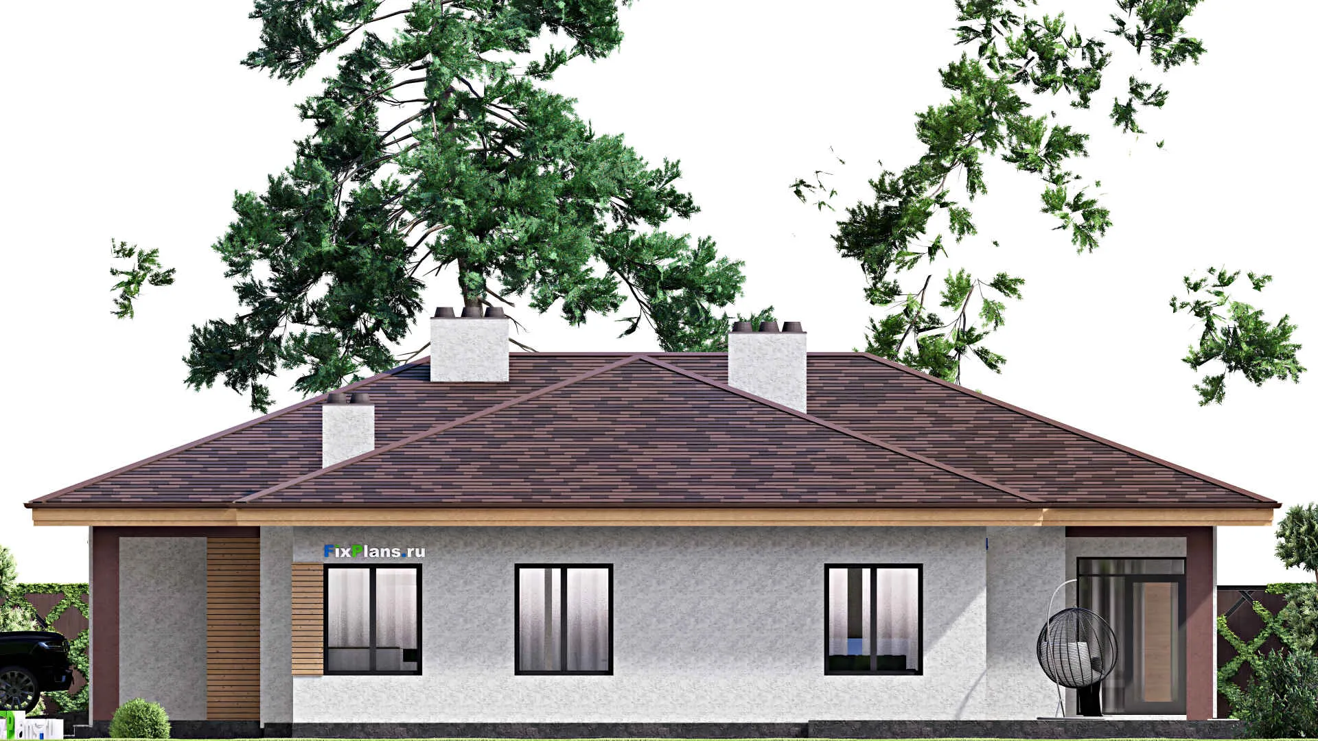 F-15902 - План одноэтажного дома 19 на 19, площадью 250 м² с террасой, гаражом на 1 машину и 3 спальнями