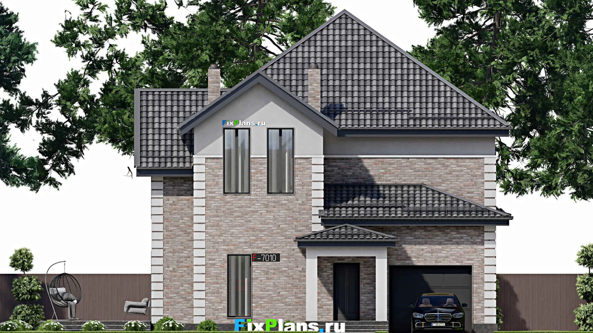 F-7010 - Проект двухэтажного дома 17 на 22, площадью 310 м² с террасой, гаражом на 1 машину и 6 спальнями