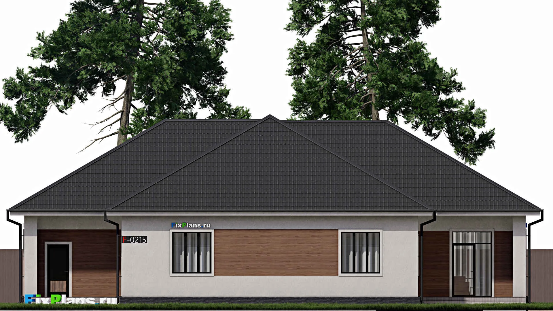 F-0215i - Проект одноэтажного дома 18 на 20, площадью 230 м² с террасой, гаражом на 2 машины и 3 спальнями