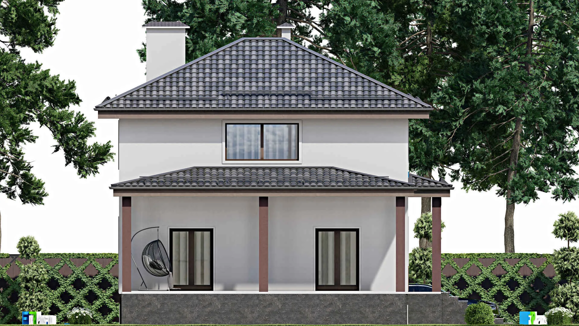 F-11150 - Проект двухэтажного дома 11 на 11, площадью 190 м² с террасой, цокольным этажом и 5 спальнями