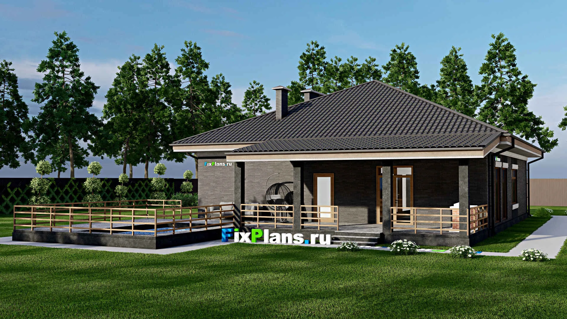 F-4562 - Проект одноэтажного дома 14 на 15, площадью 260 м² с террасой, баней, гаражом на 1 машину, бассейном и 3 спальнями