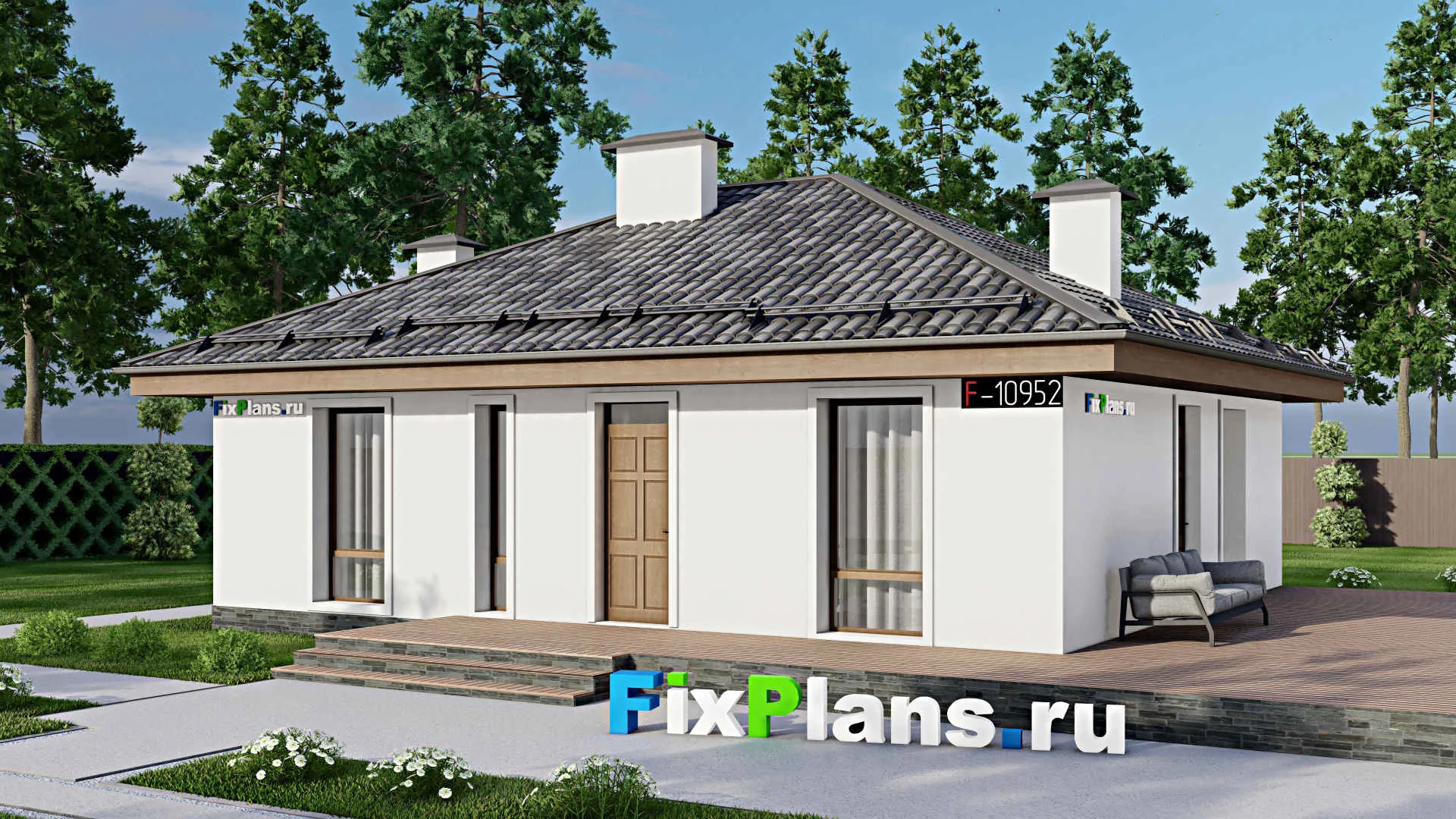 F-10952 - Проект одноэтажного дома 12 на 16, площадью 140 м² с террасой и 3 спальнями