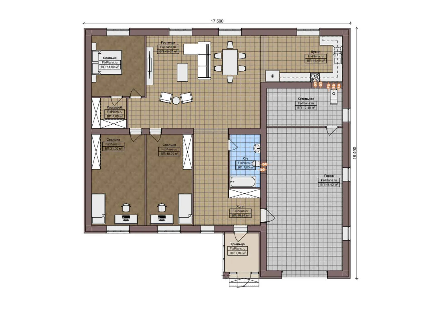 F-7649 - План одноэтажного дома 17 на 18, площадью 220 м² с гаражом на 2 машины и 3 спальнями