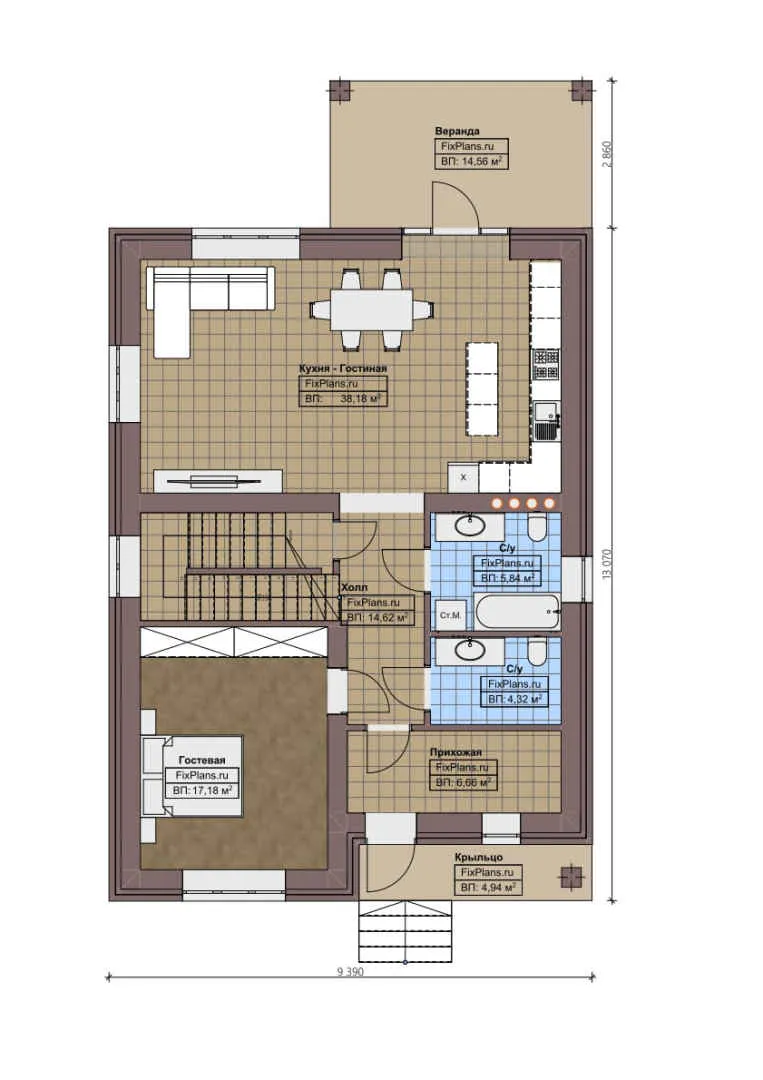 F-1070 - Планы двухэтажного дома 10 на 14, площадью 190 м² с террасой и 3 спальнями
