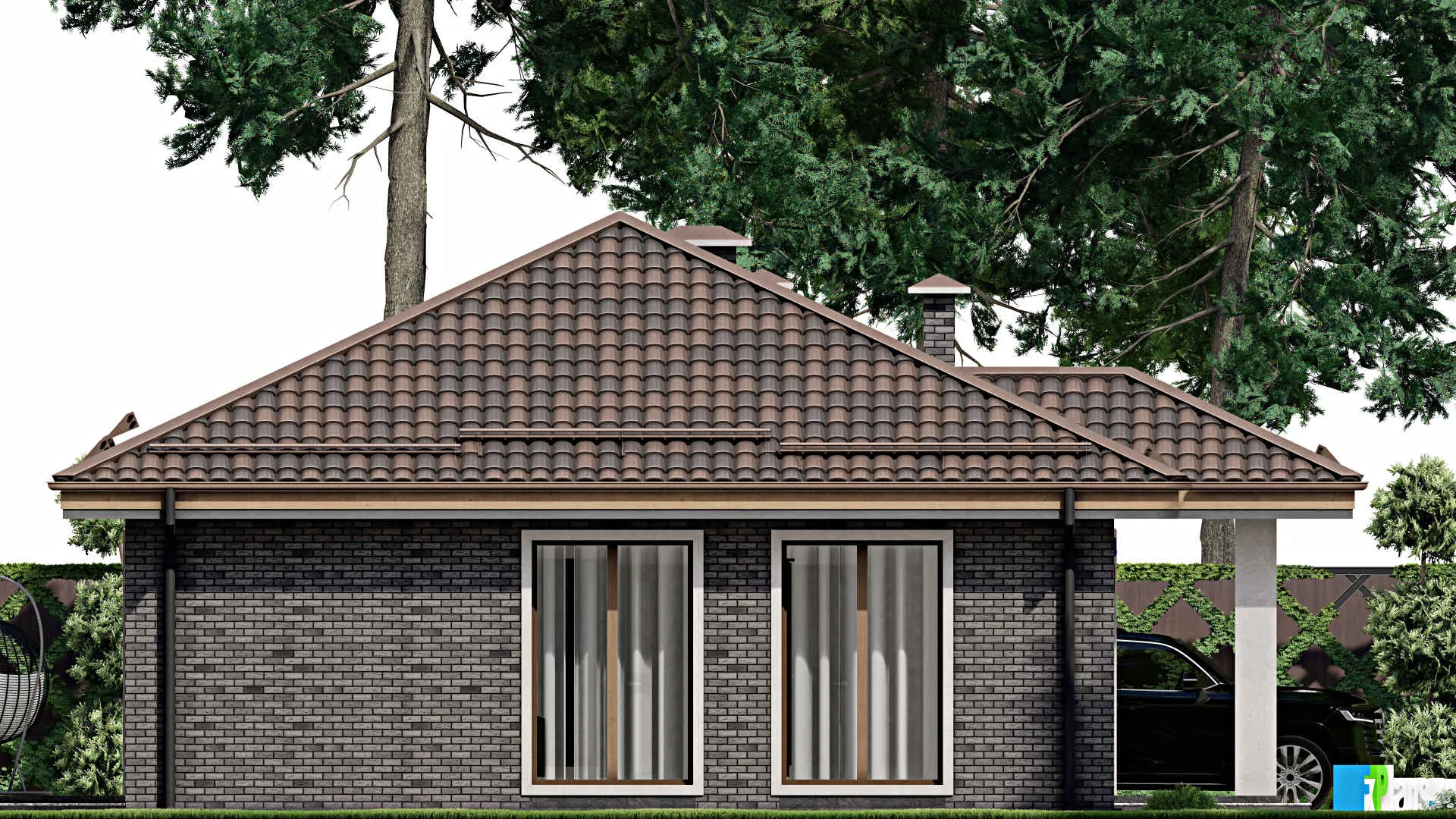 F-9890 - План одноэтажного дома 10 на 14, площадью 90 м² с террасой и 3 спальнями