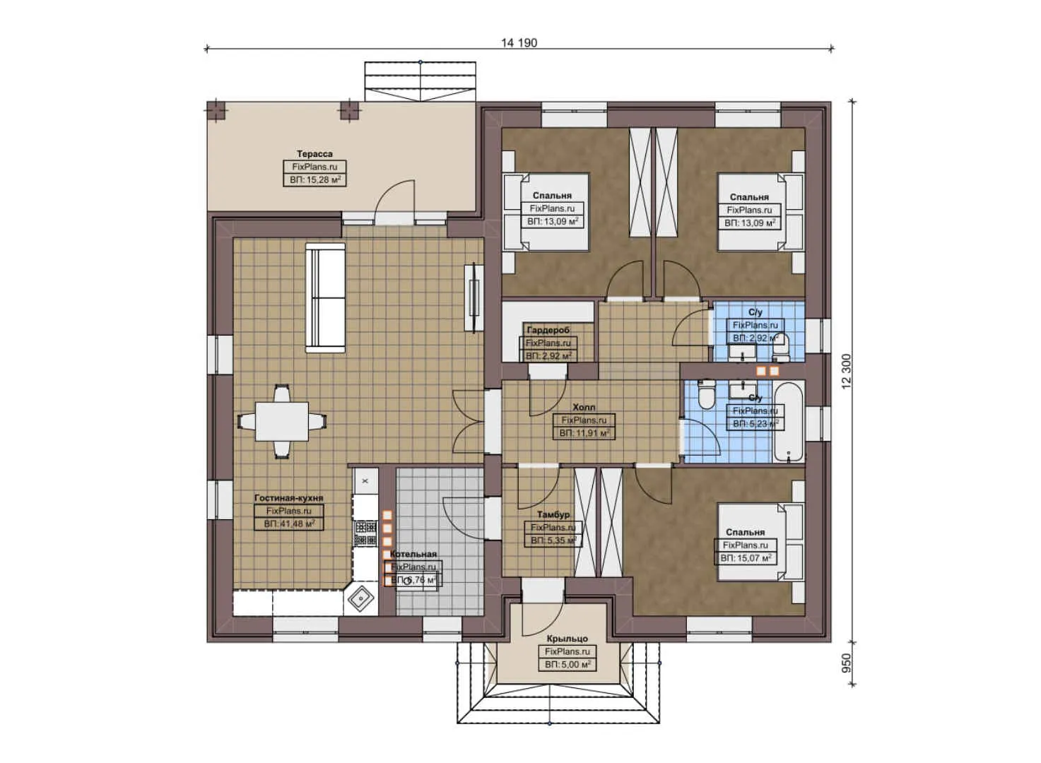 F-5633 - План одноэтажного дома 13 на 15, площадью 140 м² с террасой и 3 спальнями